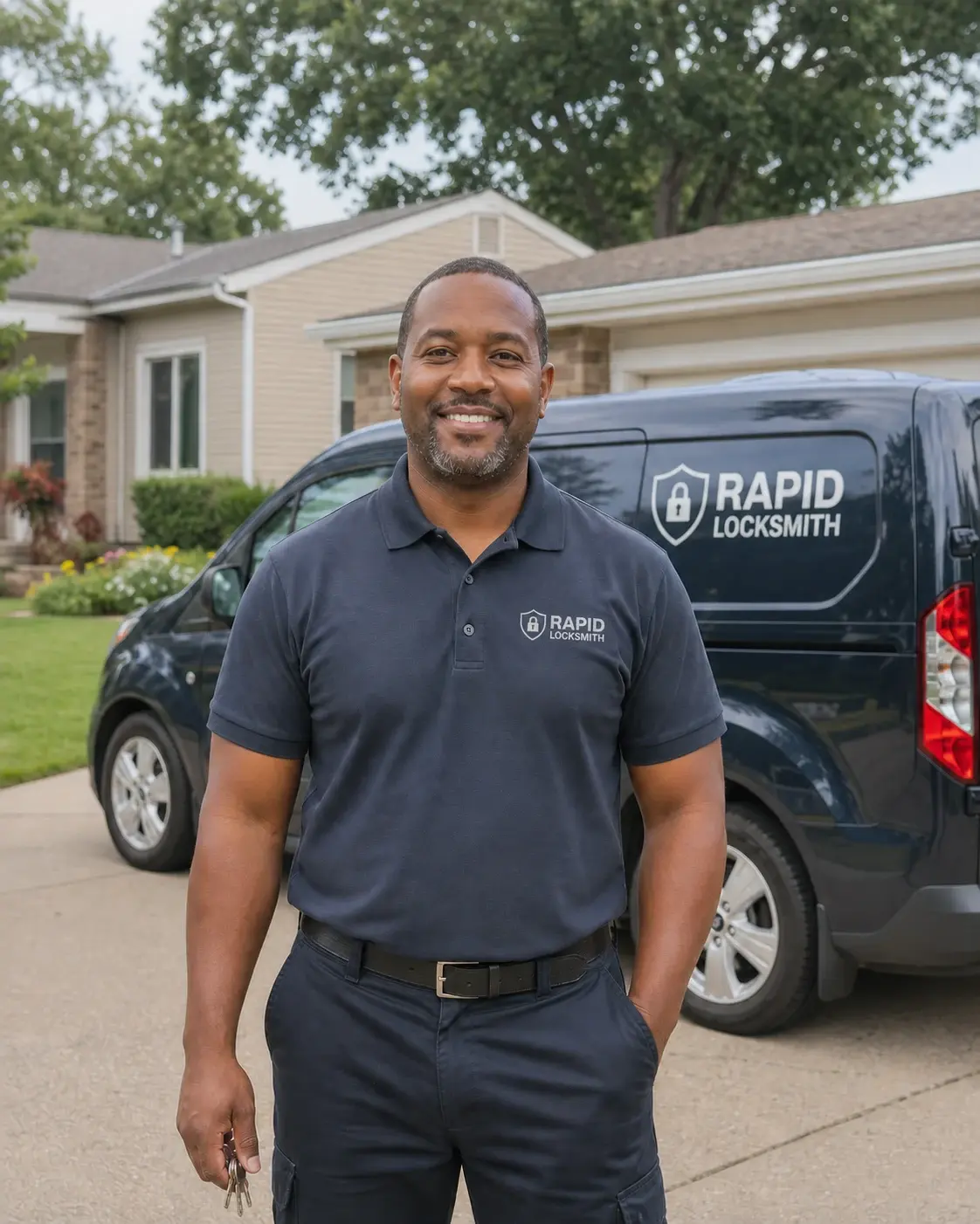 Smiling locksmith beside a closed service van outside a suburban home