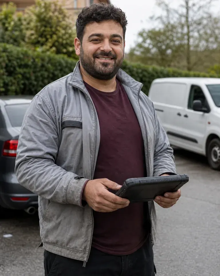 Smiling mobile mechanic beside an open car hood