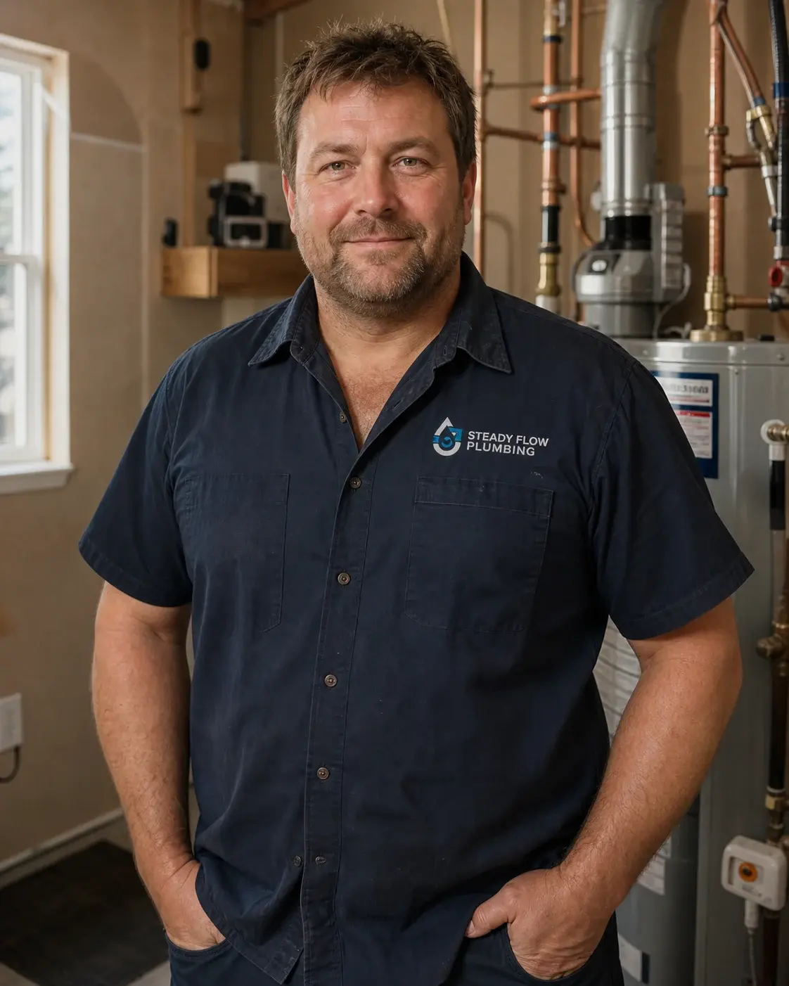 Smiling Steady Flow plumber in a residential mechanical room
