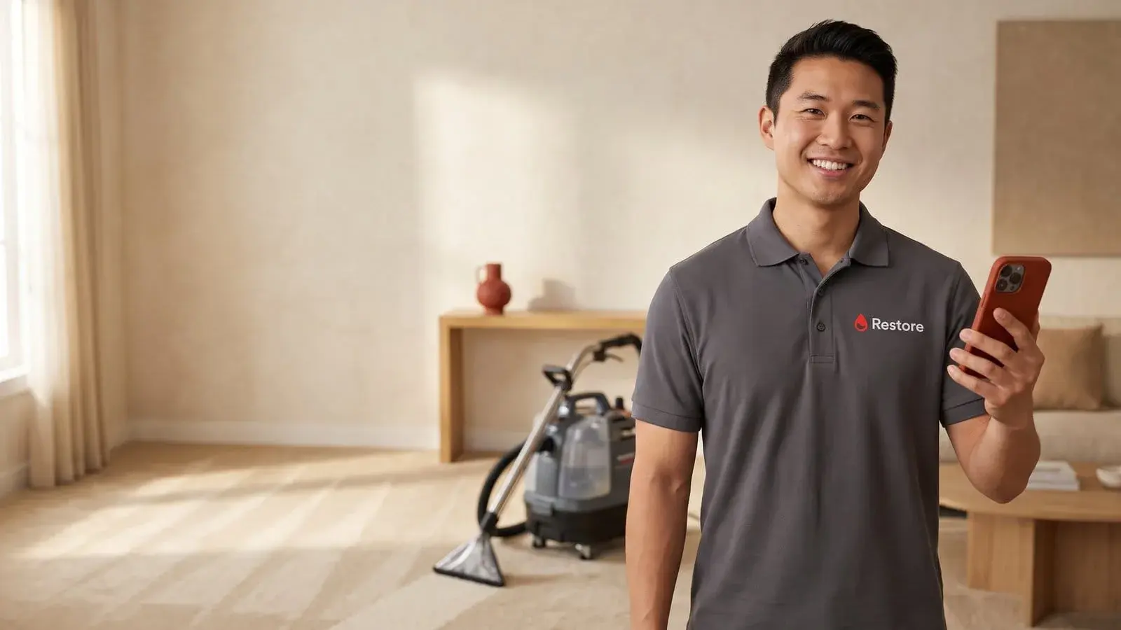 Smiling carpet cleaning technician with a red-cased phone in hand, steam cleaner behind him