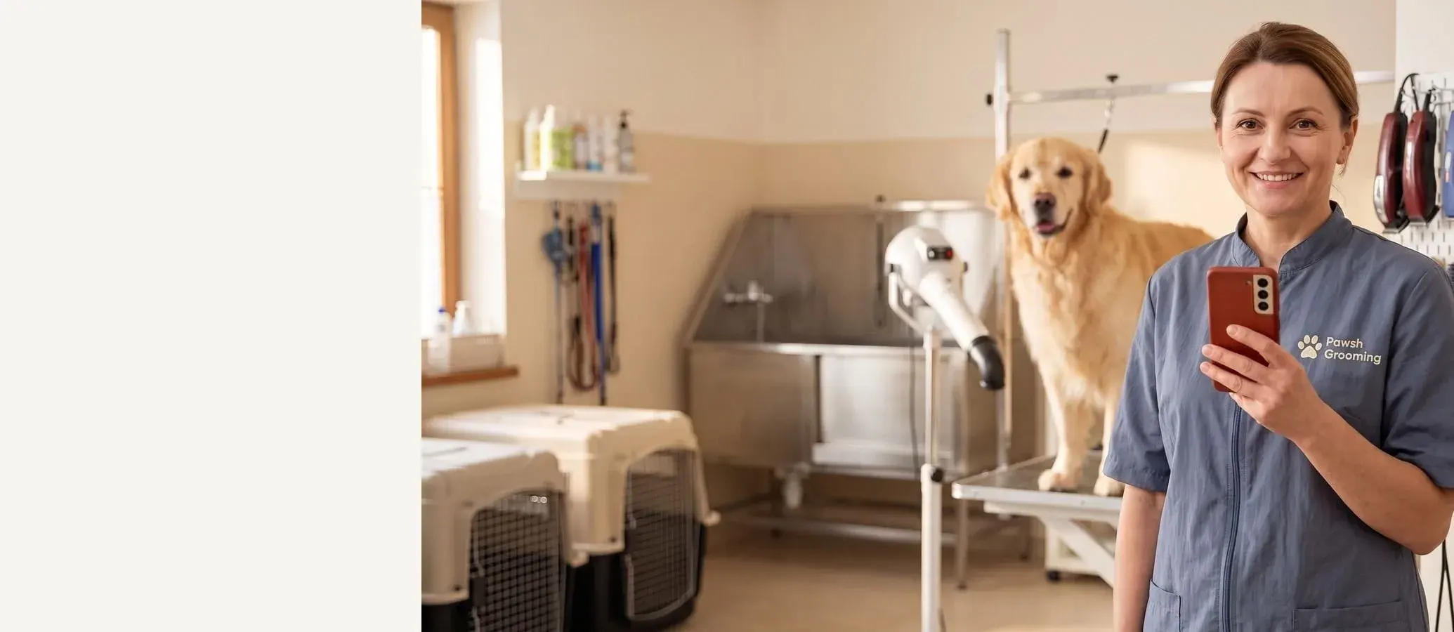 Pet groomer with a dog in the grooming studio