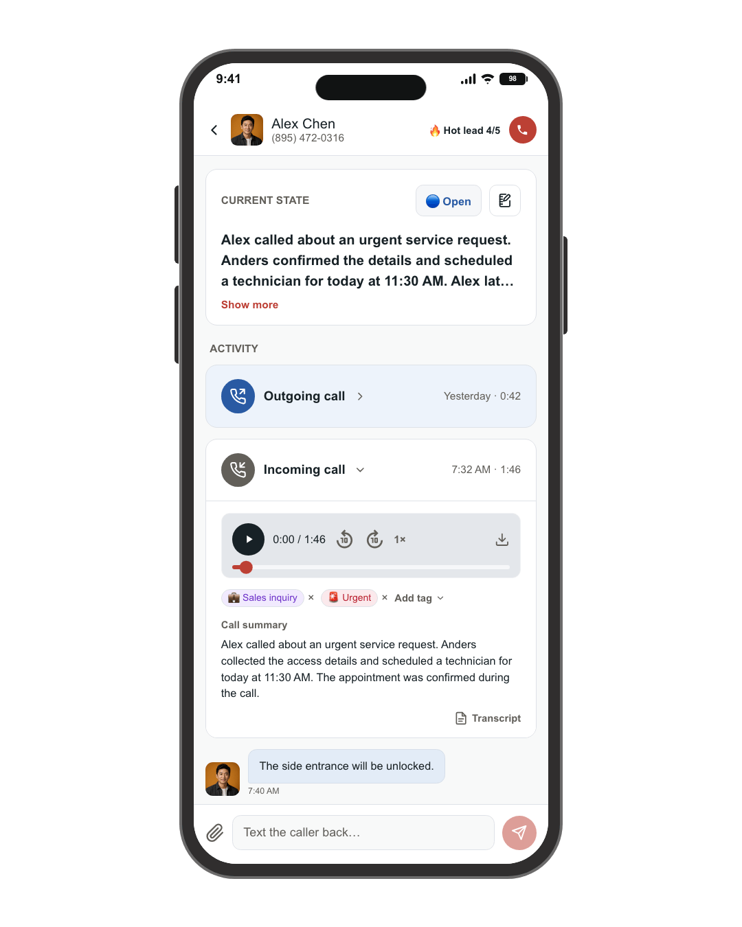 RankLadder mobile app showing a call Anders handled, including the summary, transcript, and follow-up