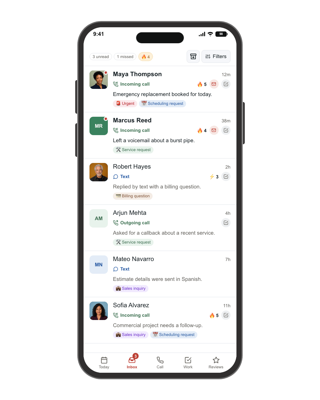 RankLadder mobile app showing the unified inbox for calls, texts, and chats