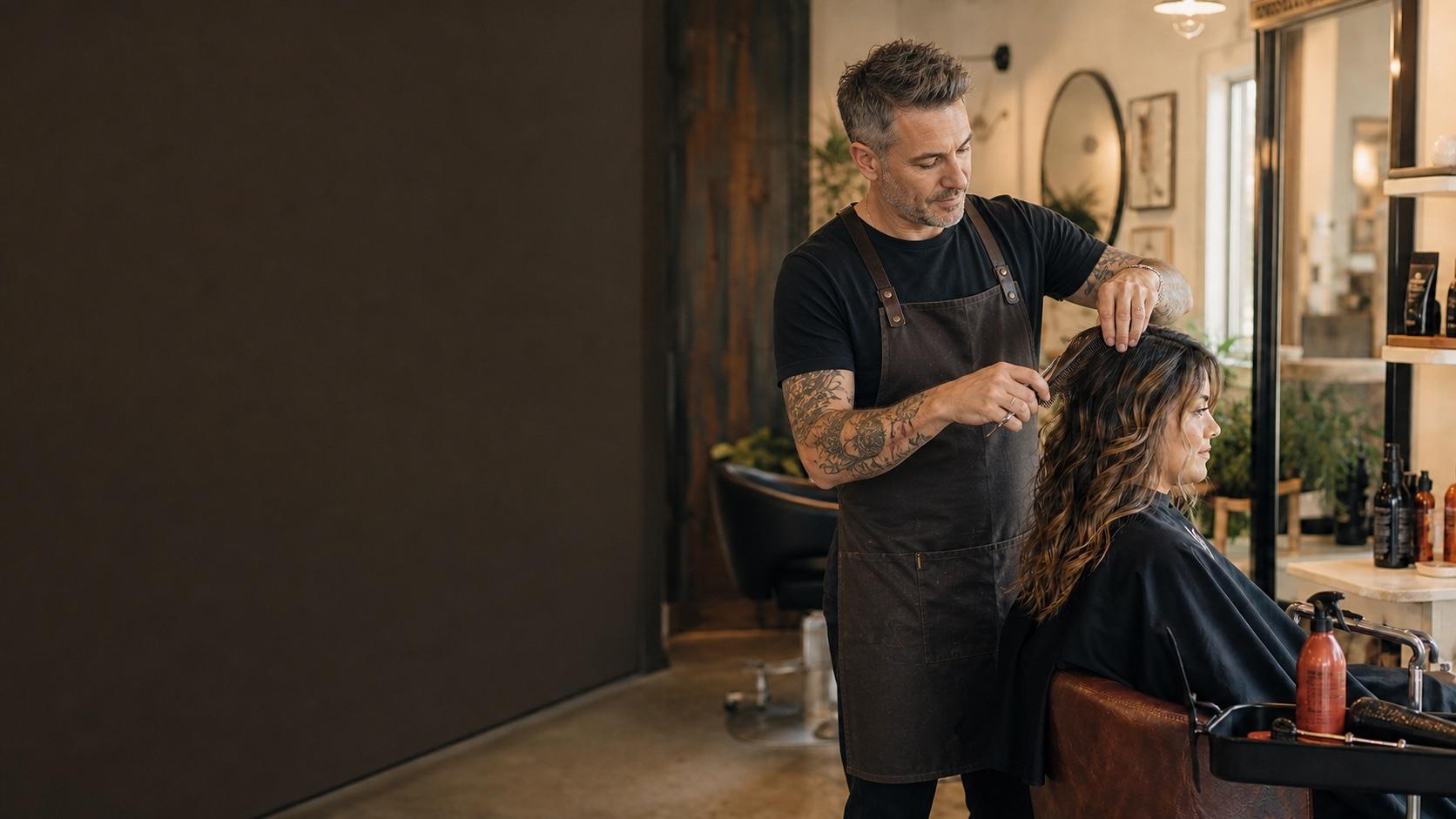 A salon owner styling a customer while another appointment is booked