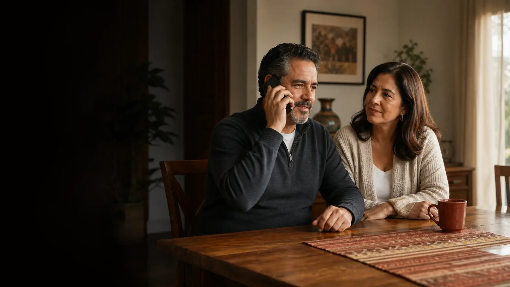 A Hispanic American couple at their dining table while the man speaks naturally on the phone