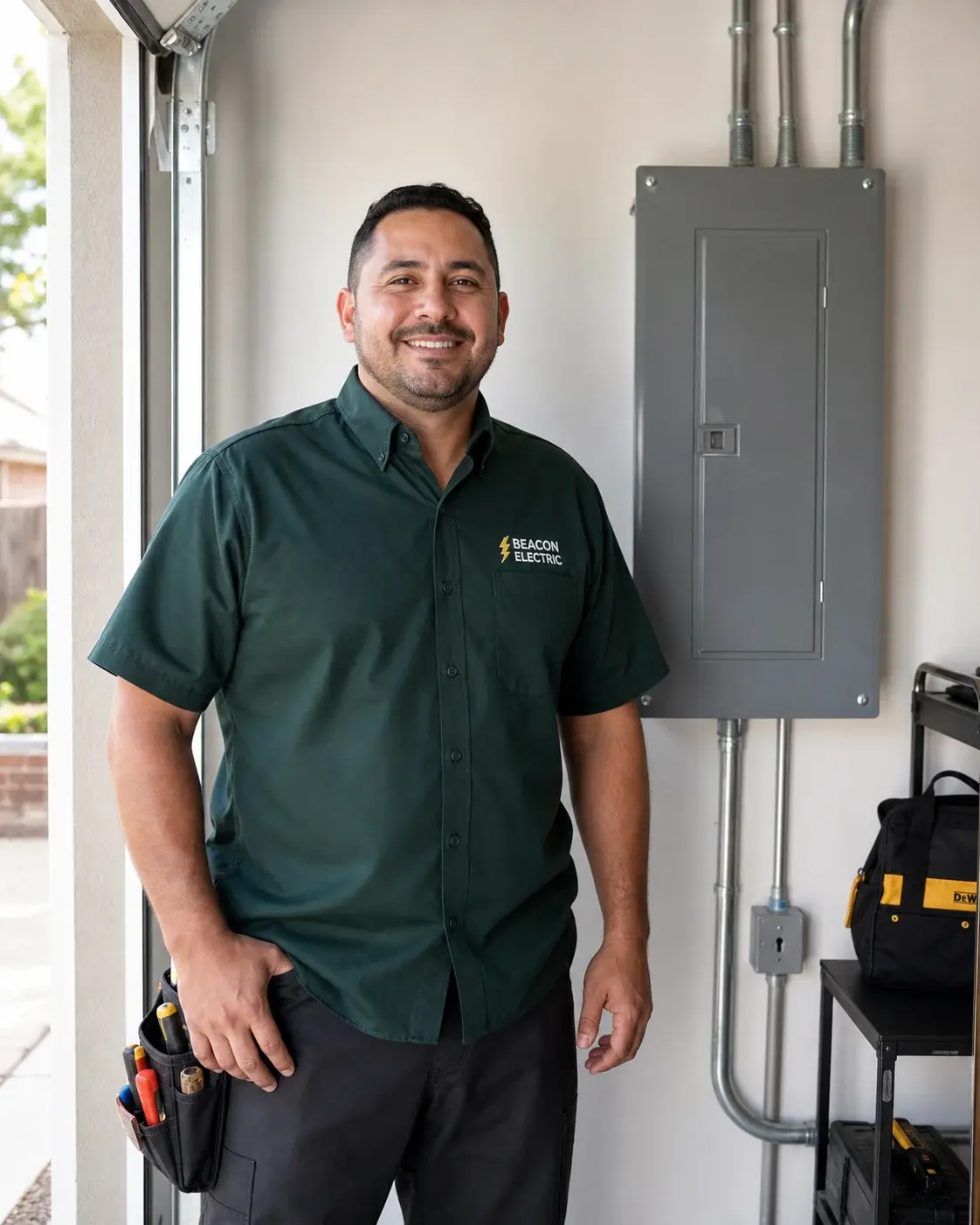 Smiling Beacon Electric technician beside a residential electrical panel