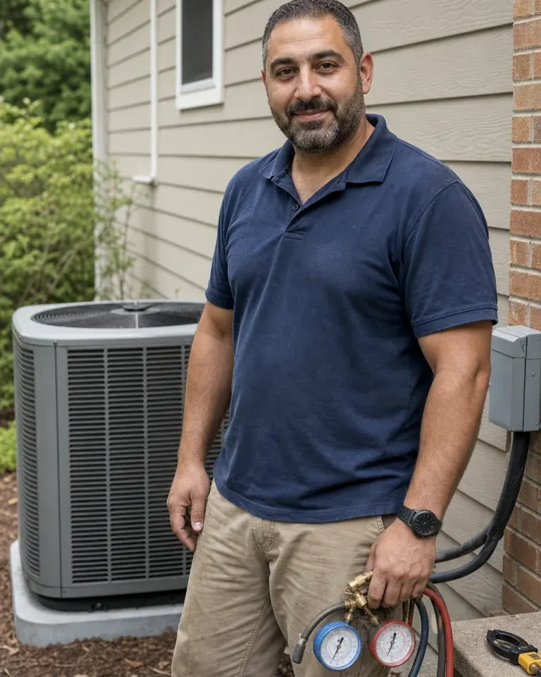 Smiling HVAC technician beside an outdoor condenser unit