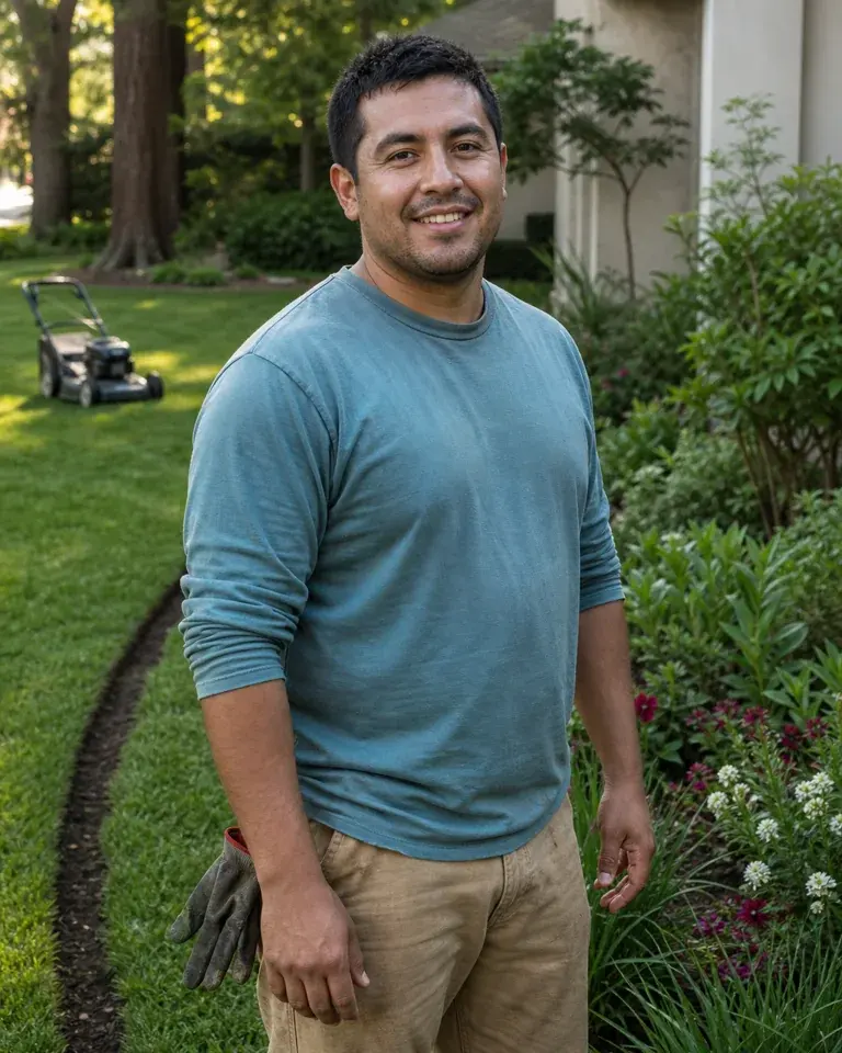 Smiling lawn-care professional in a residential garden