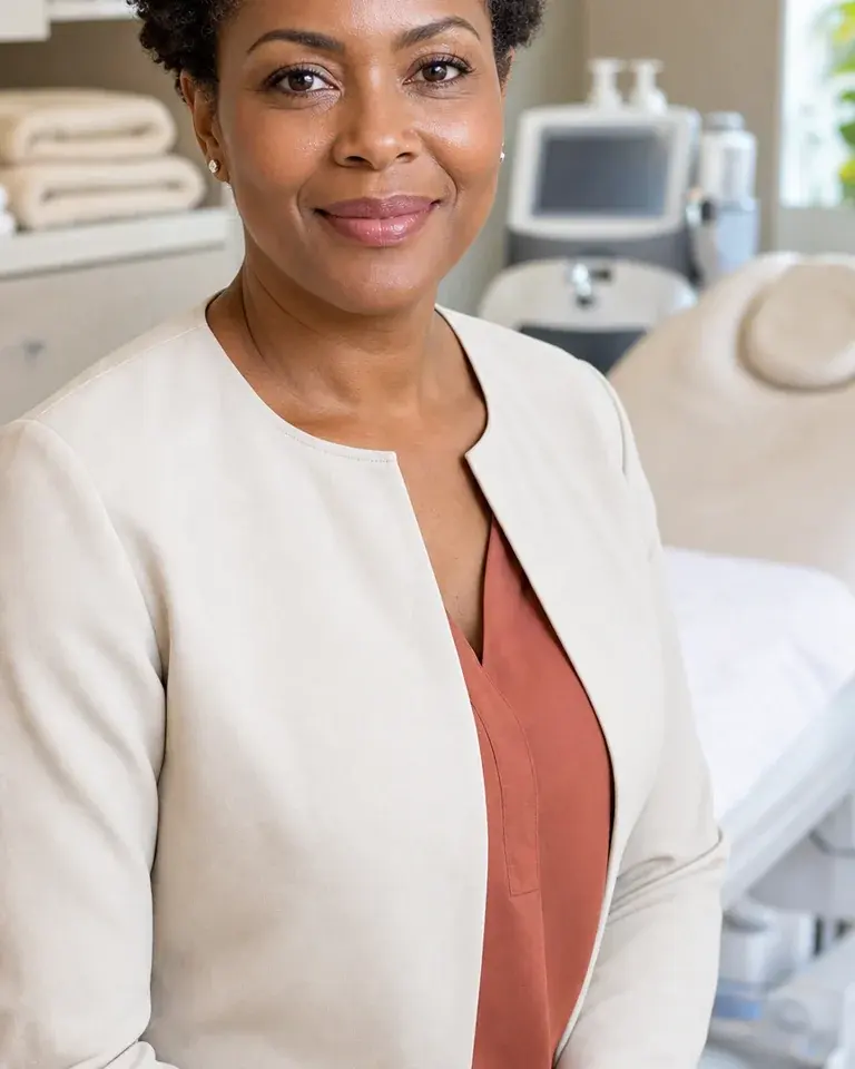 Smiling med-spa provider in a treatment room