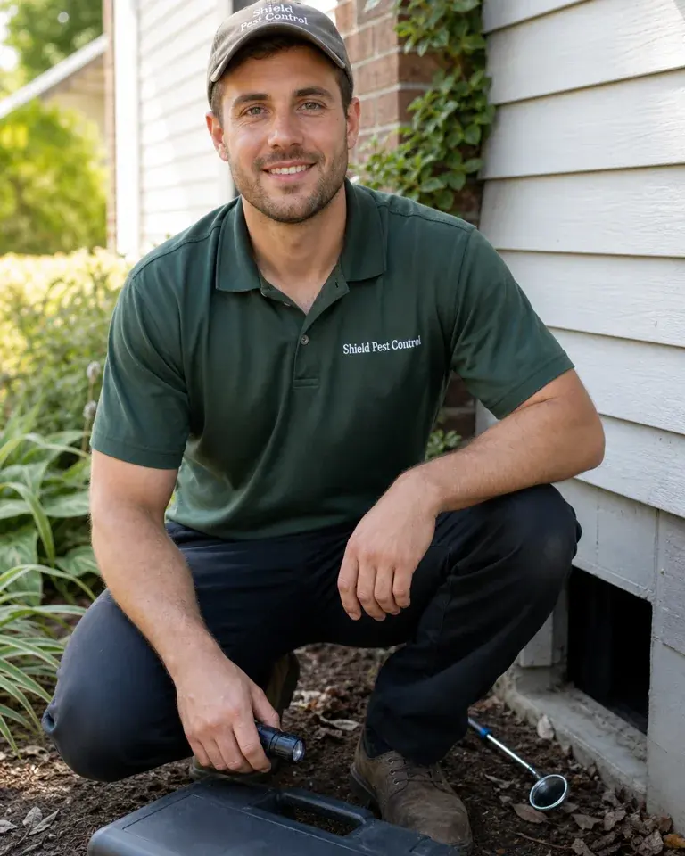 Smiling pest control technician at a residential property