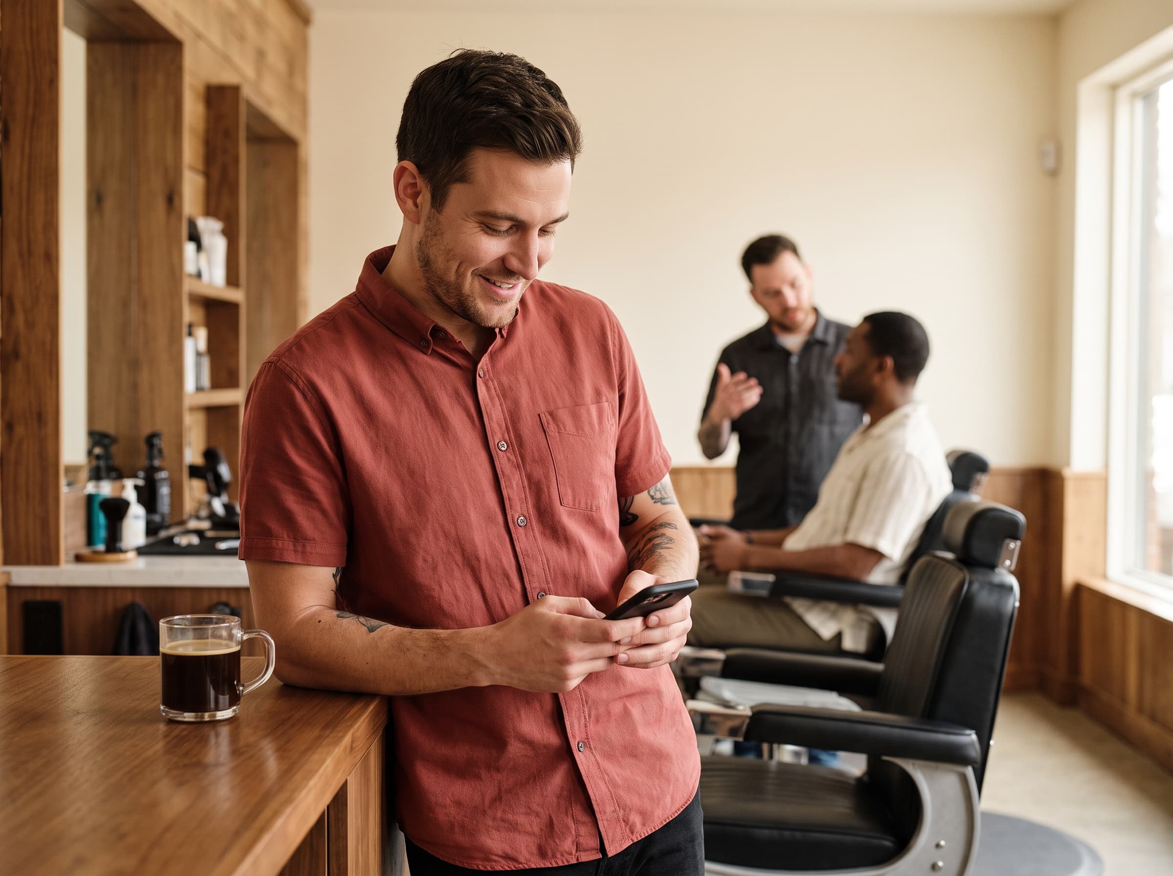 A barbershop owner glancing at a completed call summary on his phone, calm and in control while clients are in the chairs behind him