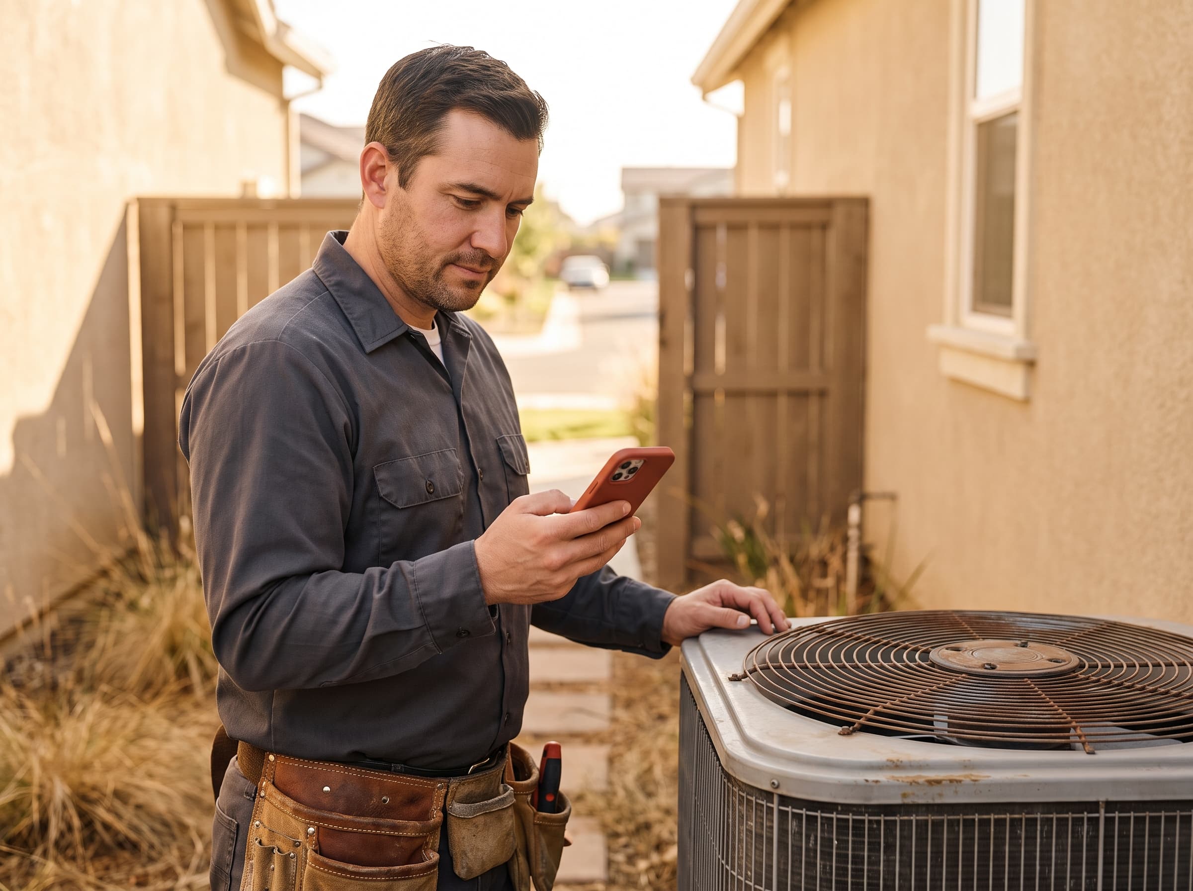 An HVAC tech checking a phone mid-job, a text notification visible on the lock screen