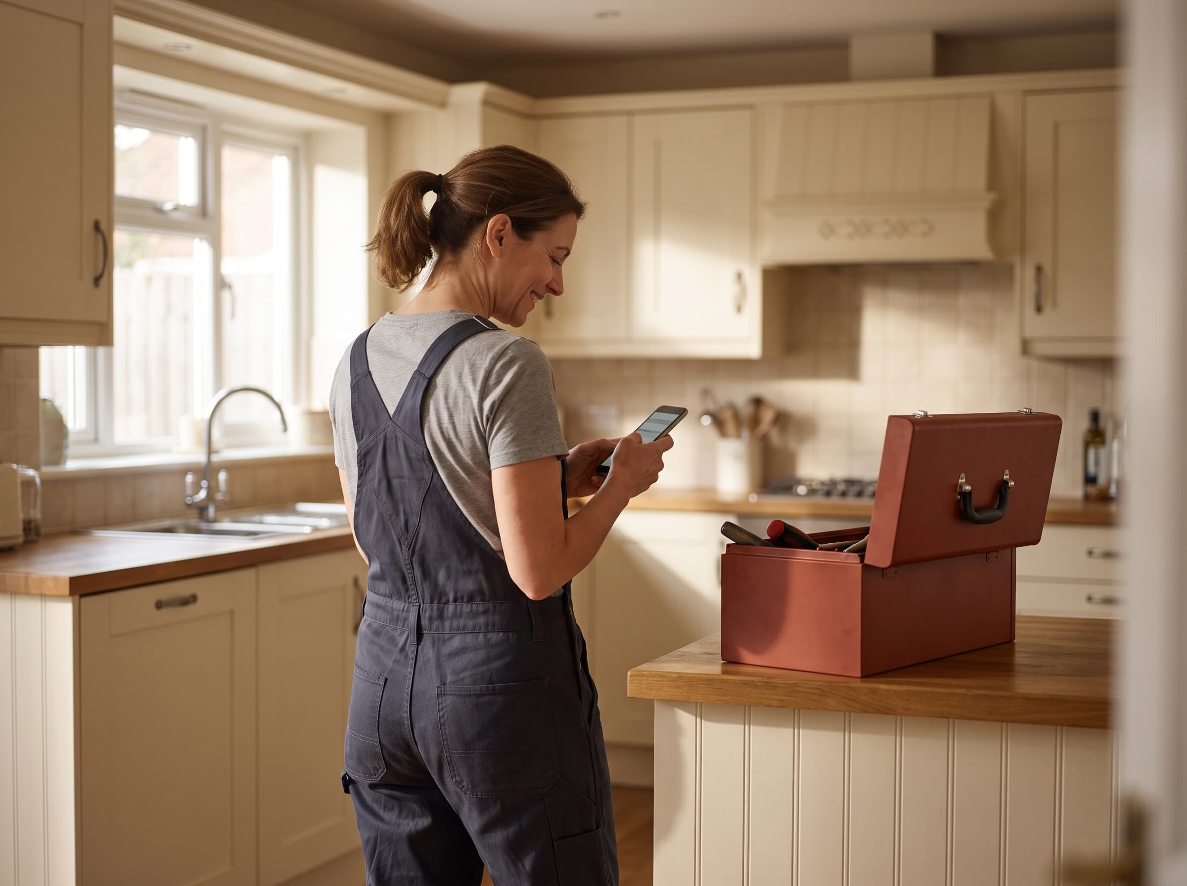 A plumber busy under a sink while his phone lights up nearby with an incoming call