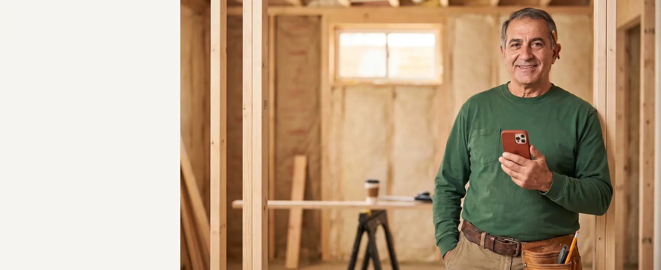 Smiling basement finishing contractor in a green shirt with a red-cased phone, fresh framing behind him