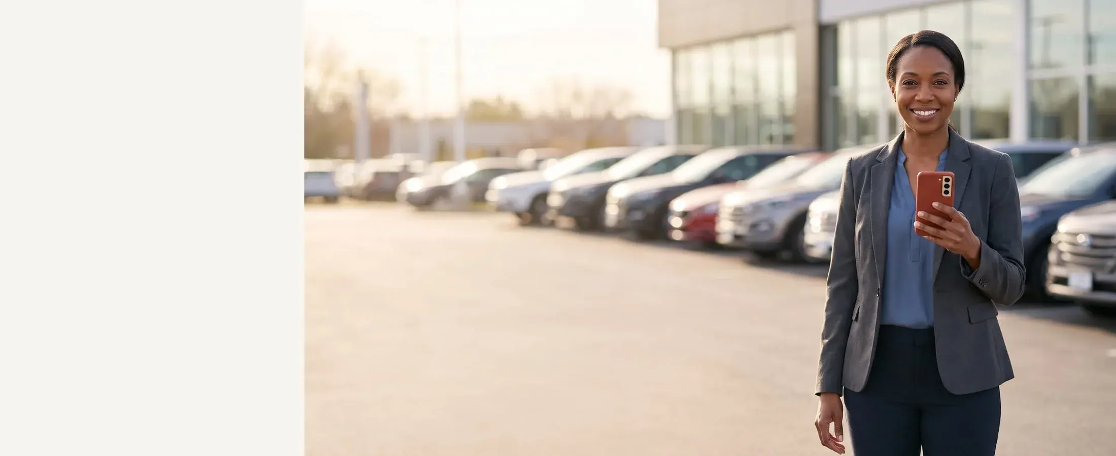 Smiling car dealership salesperson in a navy blazer with a red-cased phone in hand, a full row of cars on the dealership lot behind her