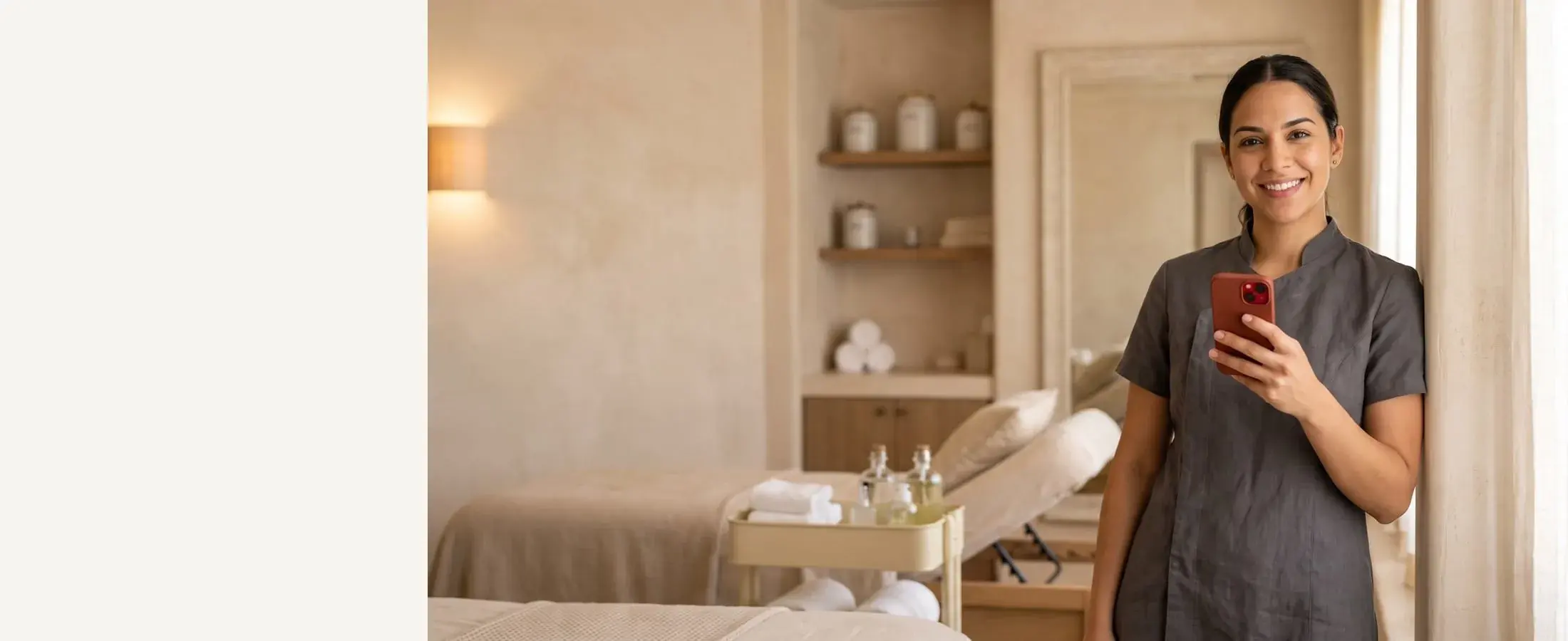 Smiling esthetician in a spa tunic with a red-cased phone in hand, calm treatment room behind her