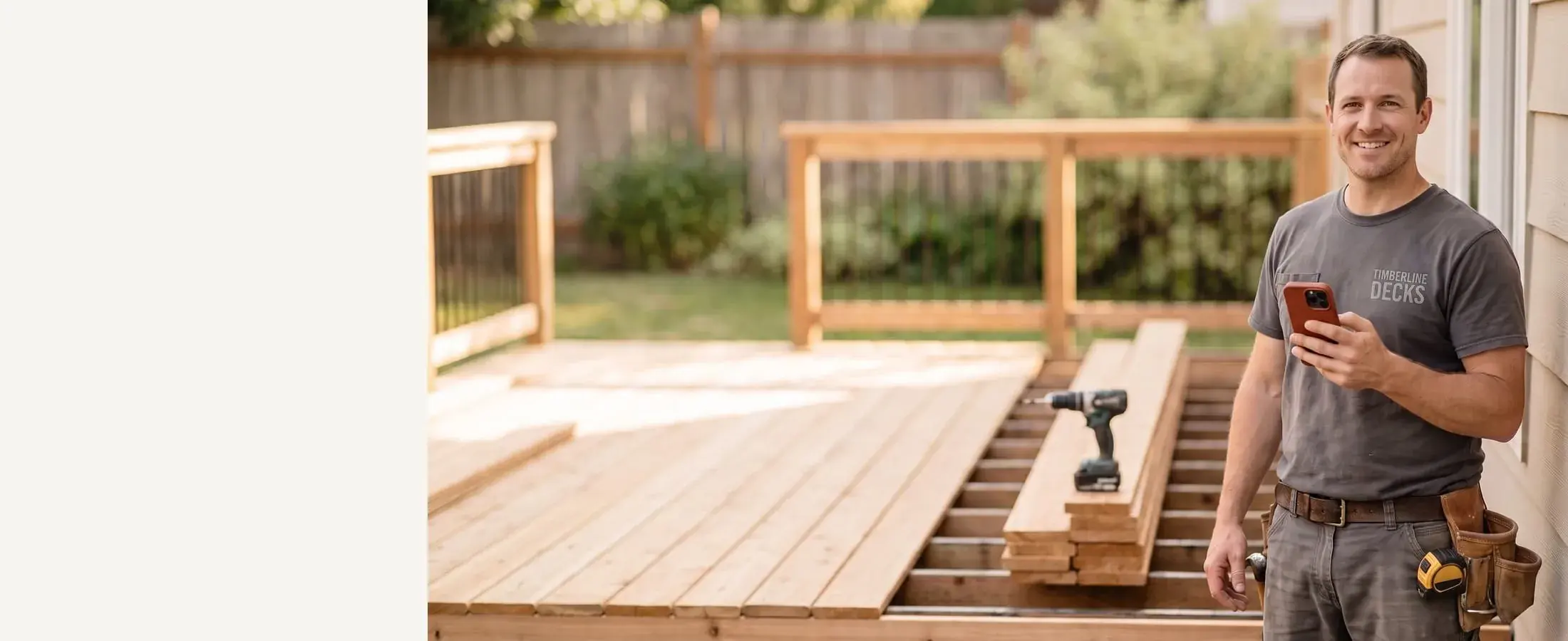 Smiling deck builder in a work tee and tool belt with a red-cased phone in hand, half-finished cedar deck behind him