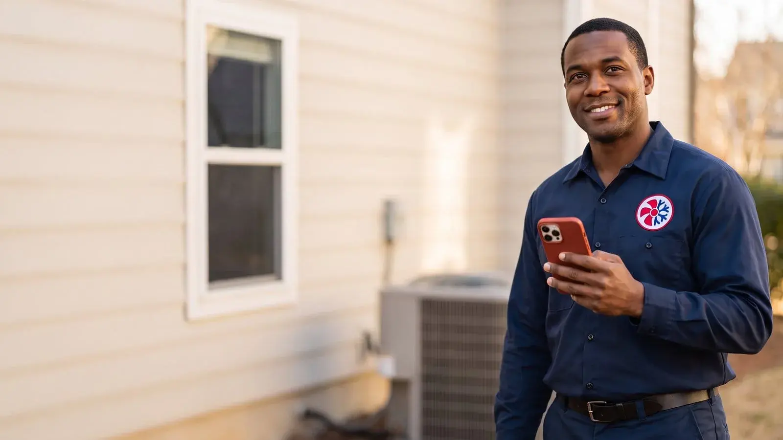 Smiling HVAC technician with a red-cased phone in hand, condenser unit behind him