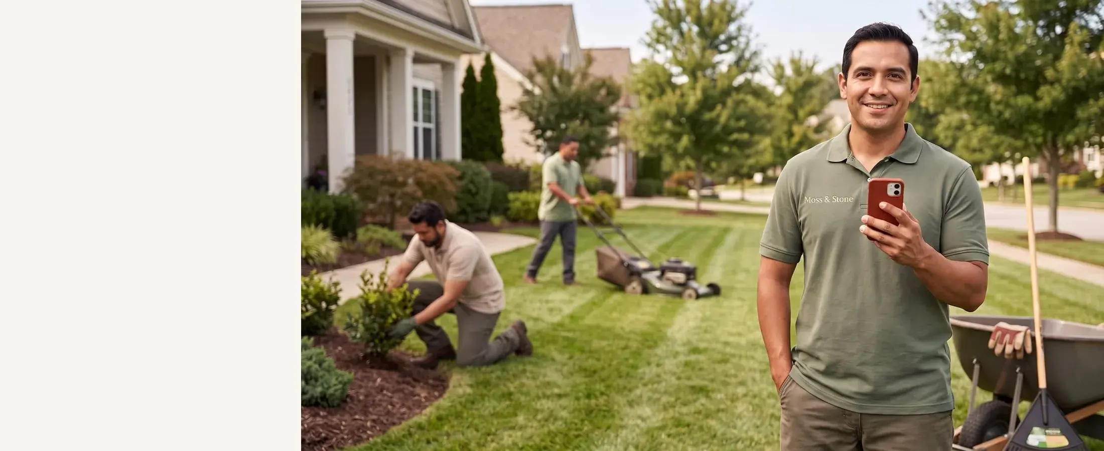 Smiling landscaper with a red-cased phone, a crew mowing and planting behind him on a lawn job site