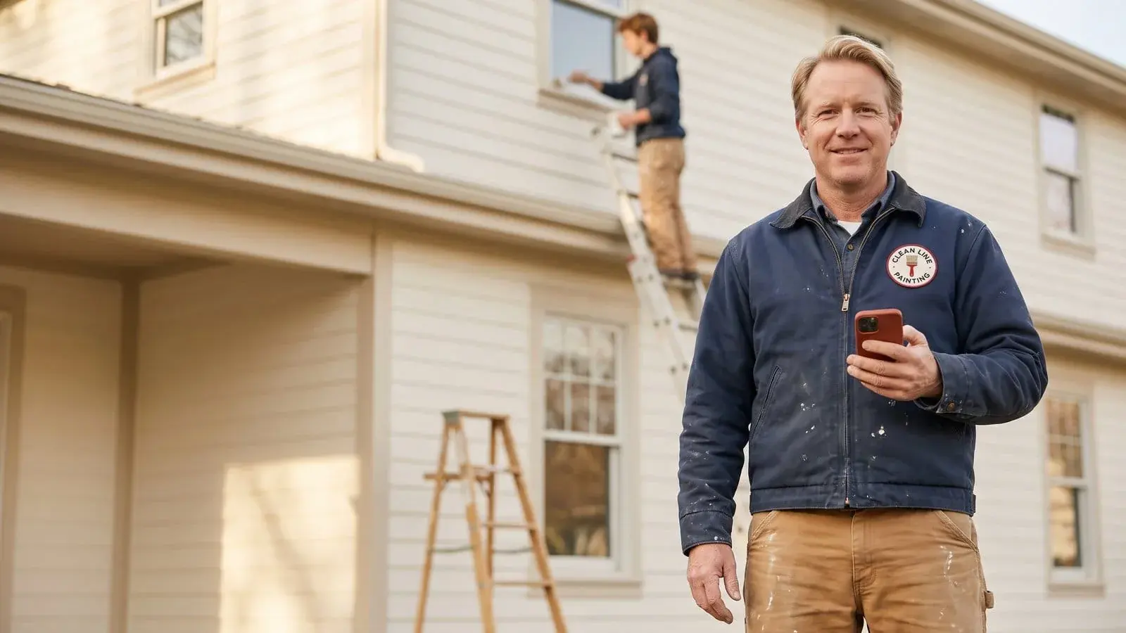Smiling house painter with a red-cased phone in hand, a second painter working a ladder on the house behind him