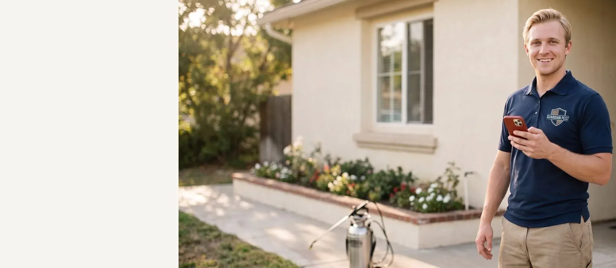 Smiling pest control technician in a navy company polo with a red-cased phone in hand, well-kept suburban house behind him
