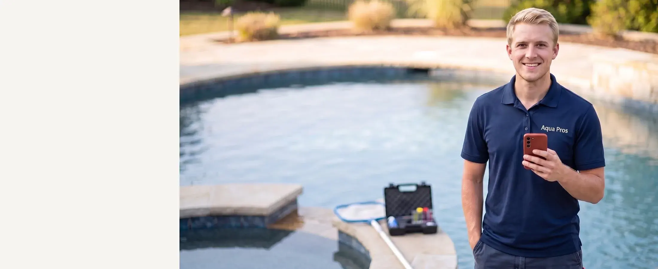 Smiling young Aqua Pros pool technician in a navy polo with a red-cased phone, sparkling pool beside him