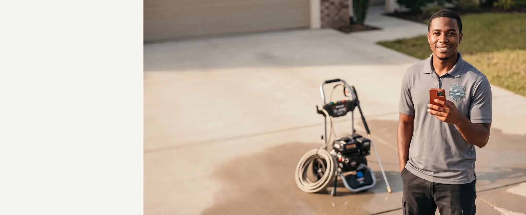 Smiling AquaBlast pressure washing technician in a gray polo with a red-cased phone, pressure washer behind him