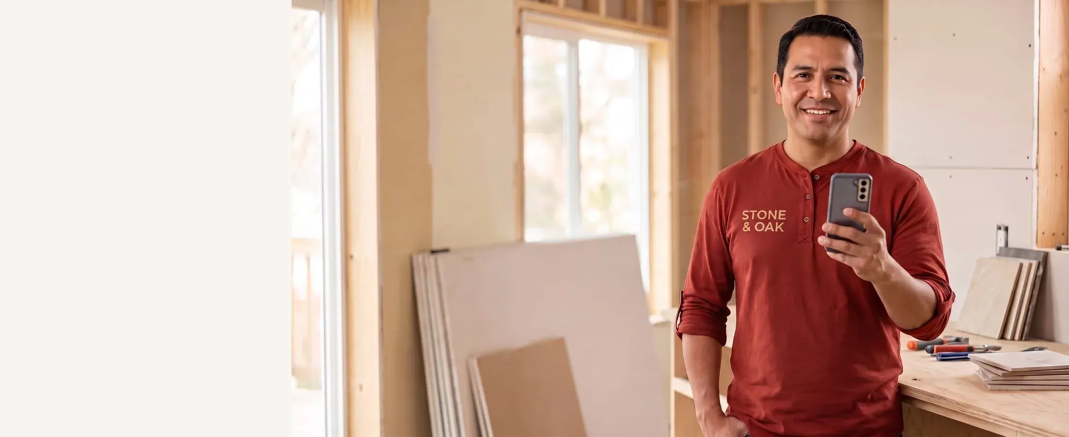 Smiling Stone & Oak remodeling contractor in a deep-red henley with a phone in hand, gutted kitchen behind him