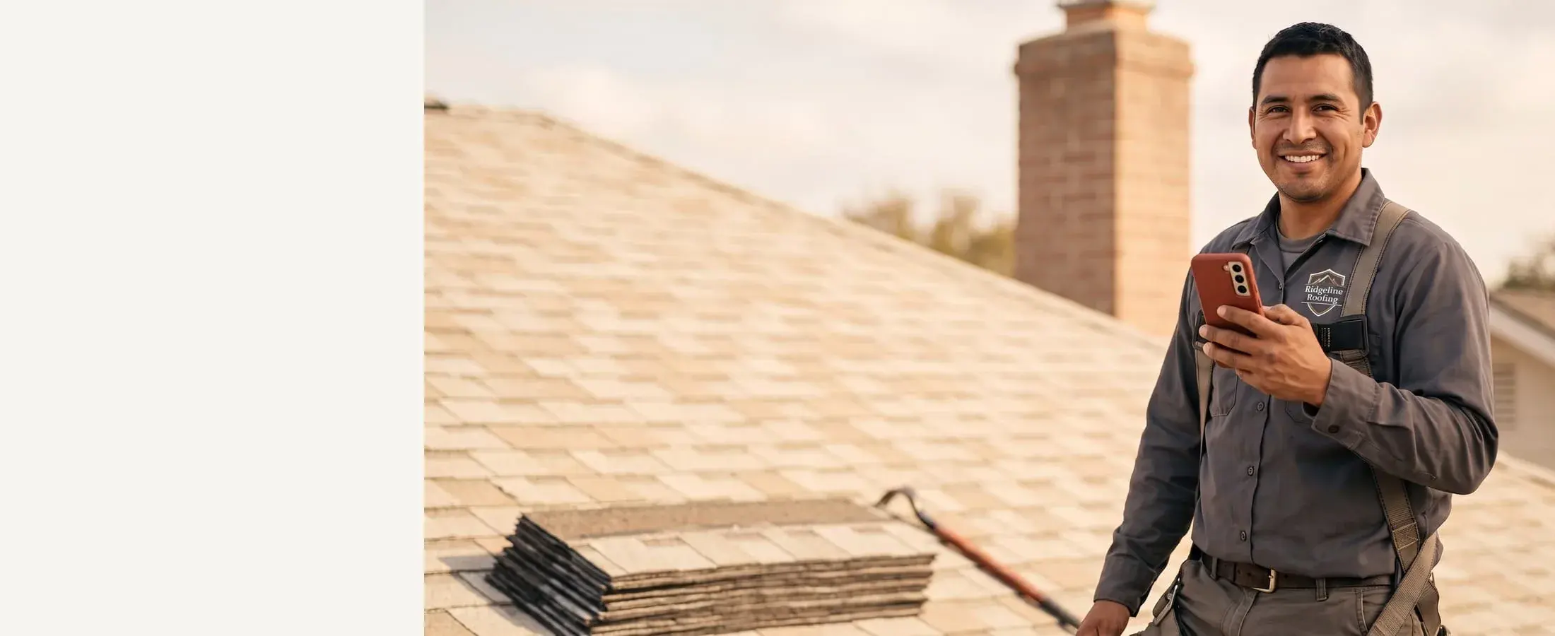 Smiling roofer in a work shirt with a red-cased phone in hand, shingle roof and chimney behind him