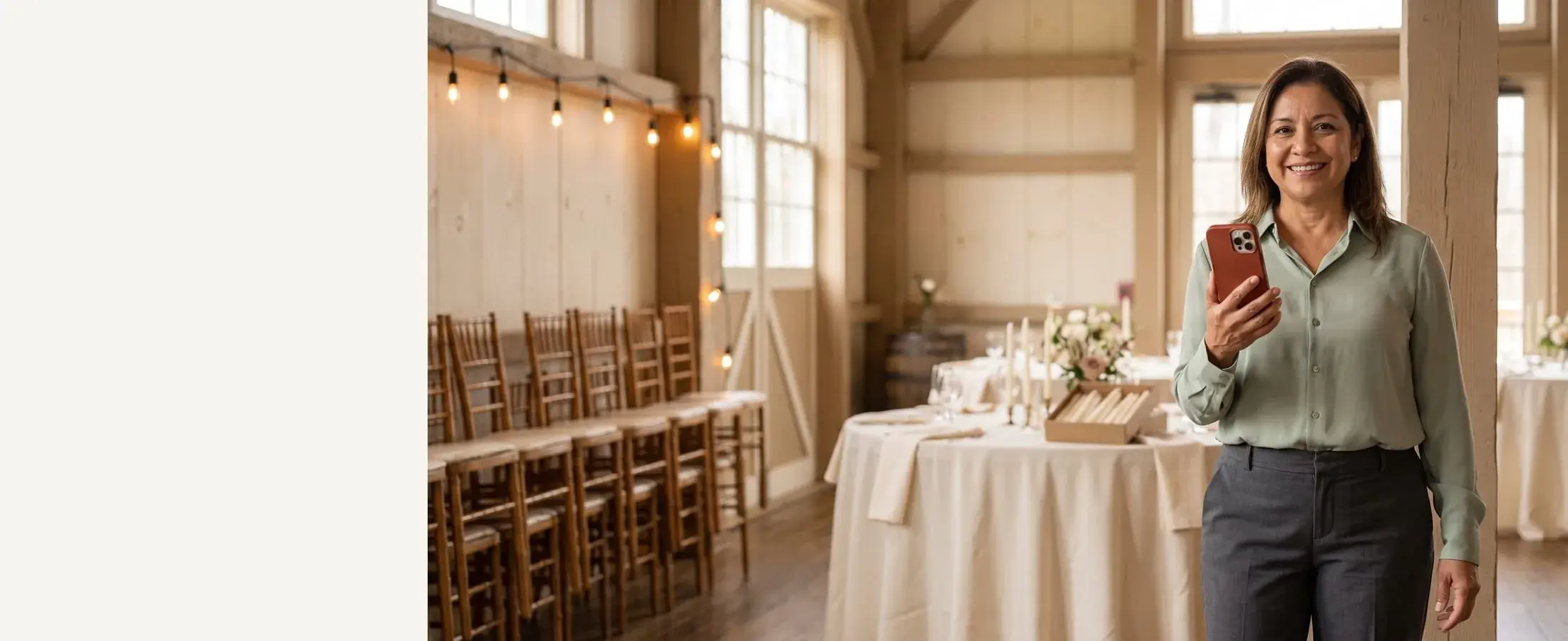 Smiling event and wedding venue coordinator in business-casual attire with a red-cased phone in hand, dressed wedding hall behind her