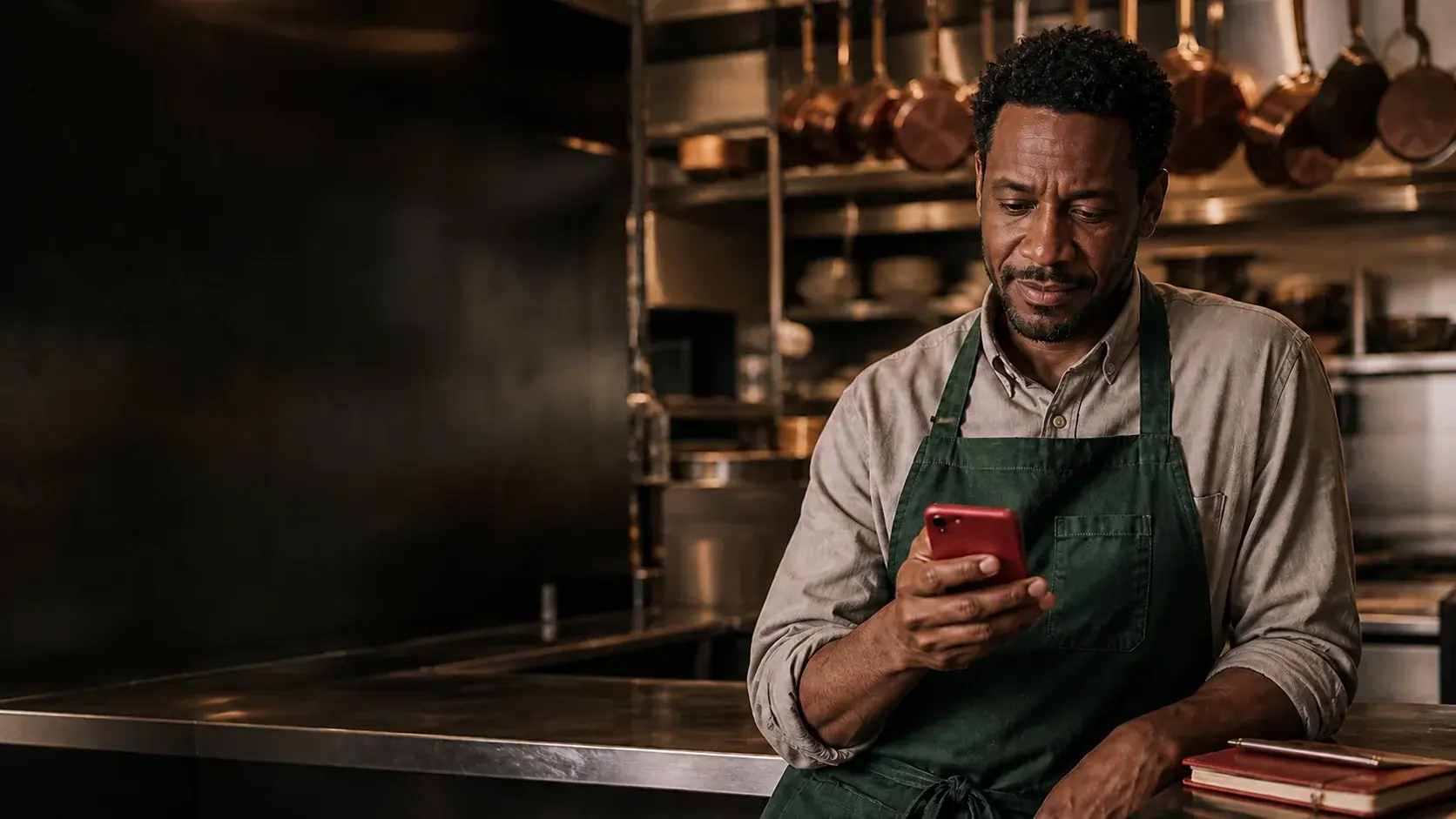 A restaurant owner reviewing a completed customer call on his phone