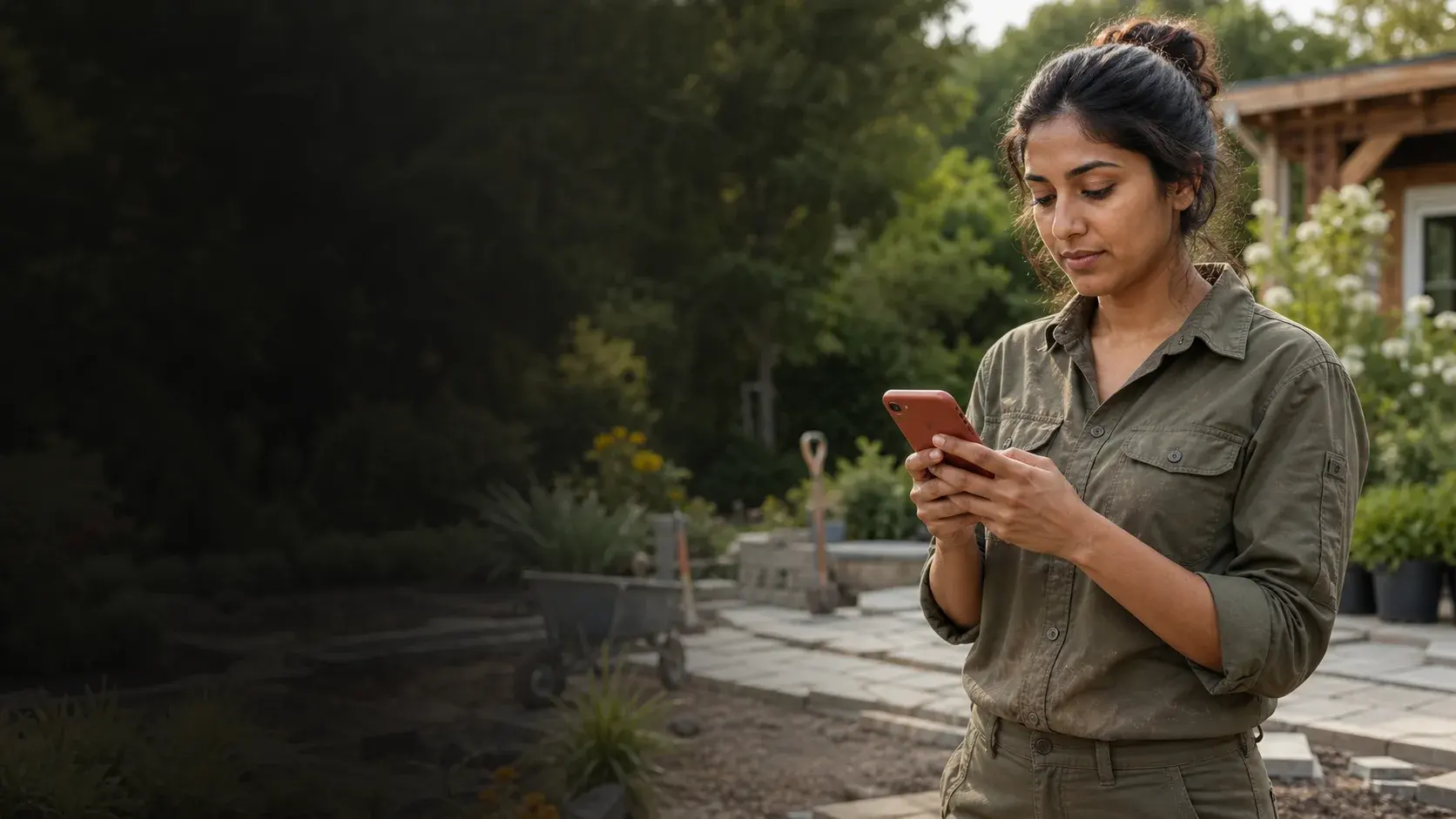 A landscaping business owner texting a customer from an active garden project
