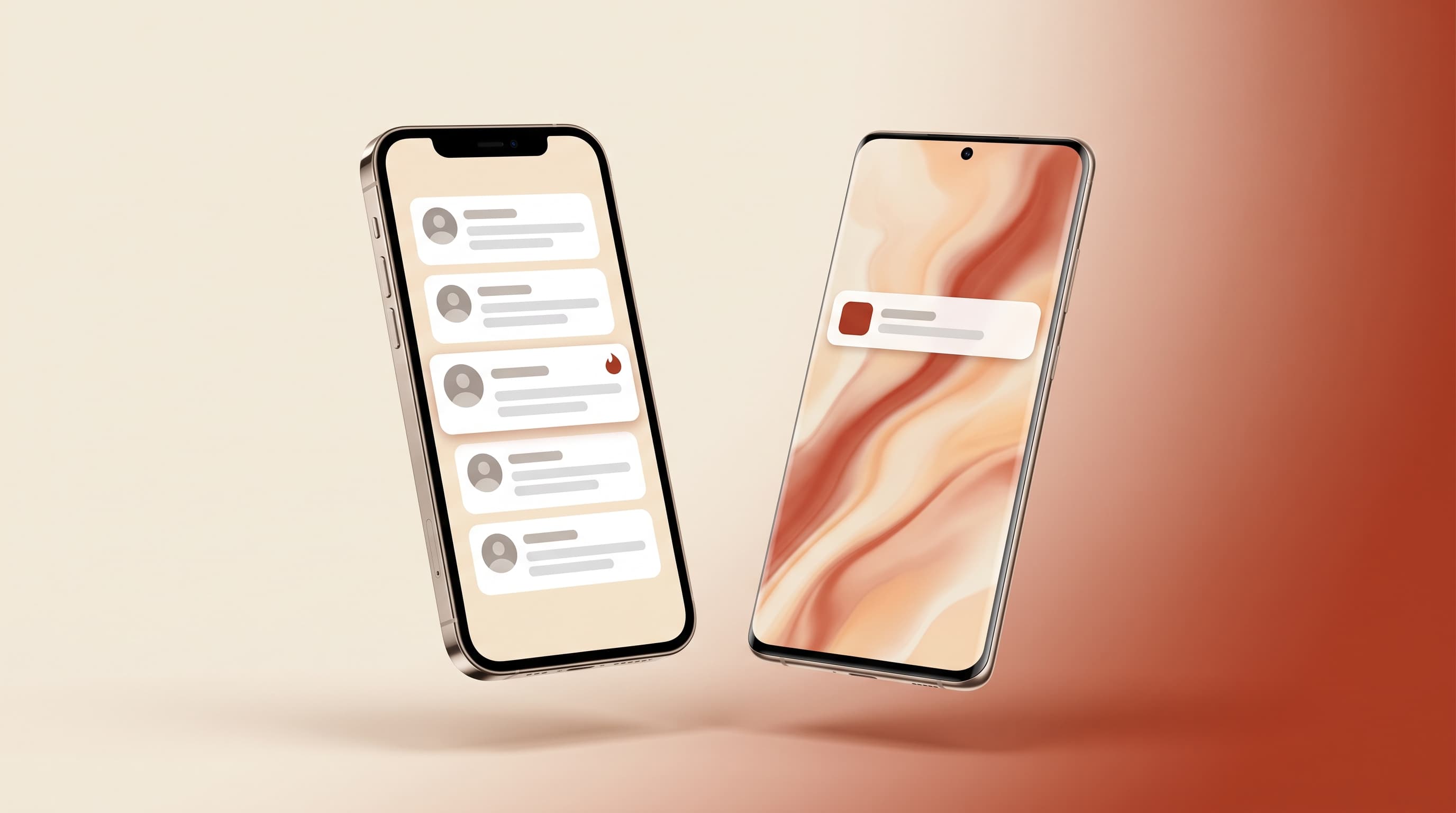 Two floating phones on a warm cream backdrop — the RankLadder inbox on iPhone, a hot-lead push notification on Android.