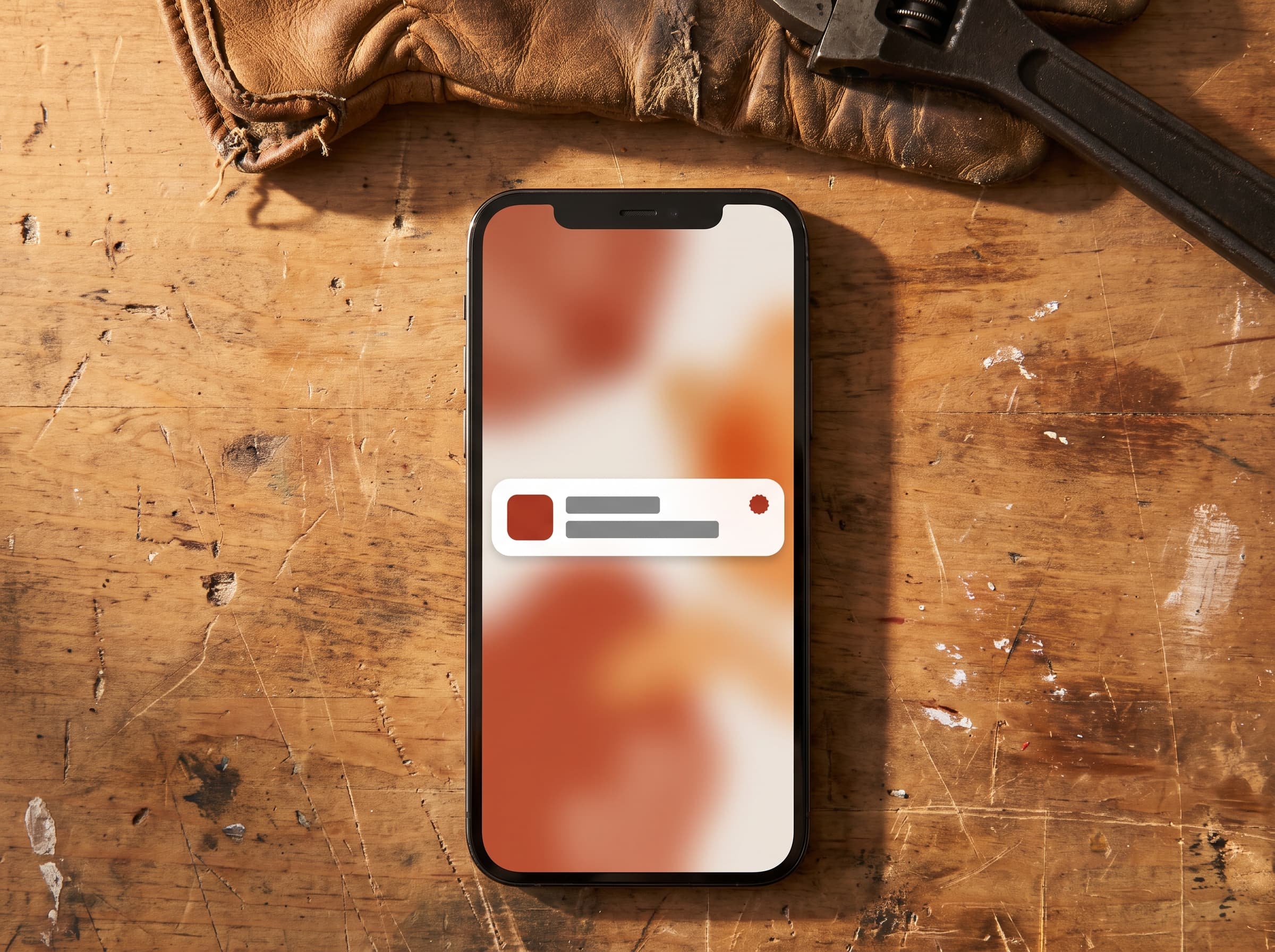 A phone on a scuffed workbench lighting up with a RankLadder call-summary push, a work glove and wrench at the edge of frame.
