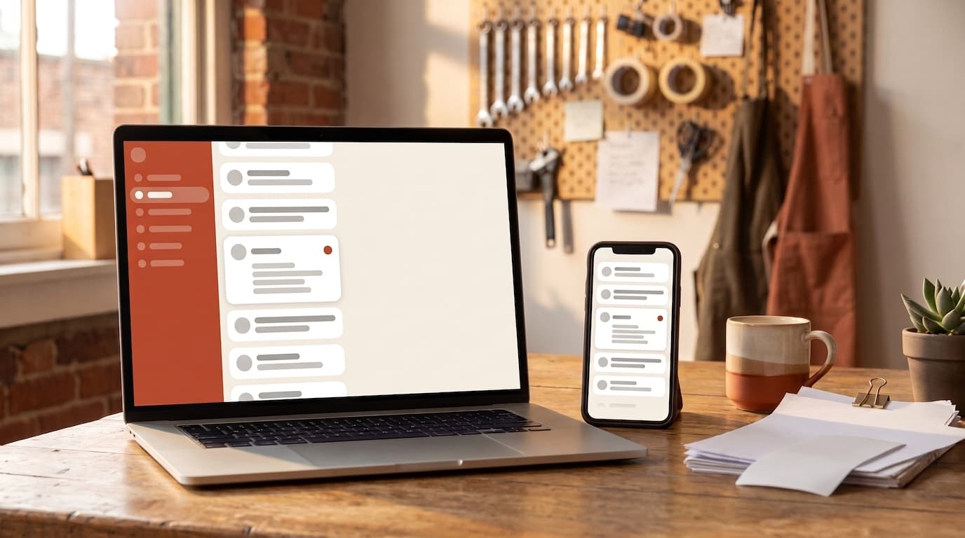 A laptop and phone on a shop's back-office desk showing the same RankLadder inbox in sync.