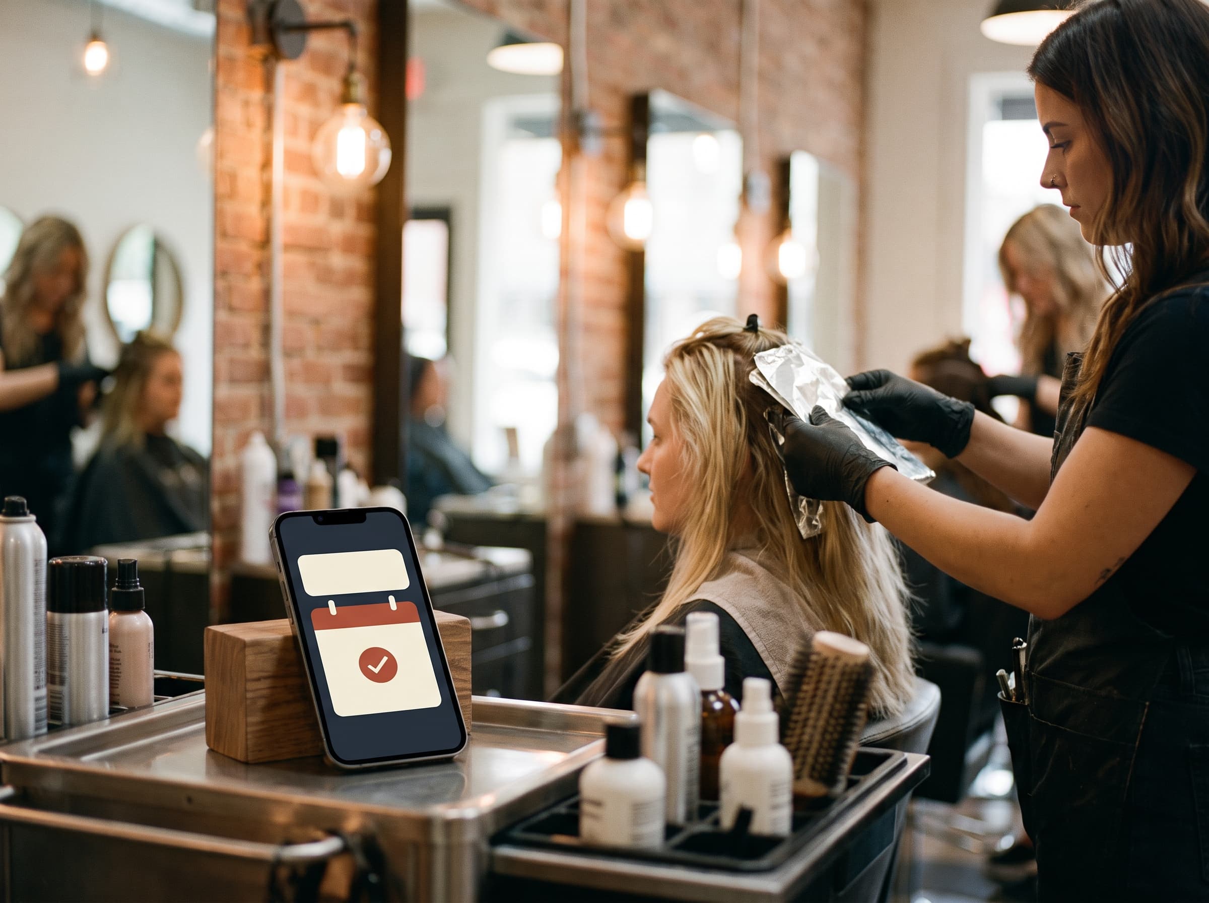 A salon owner works foils mid-color while the phone on the station cart books an appointment from a live call
