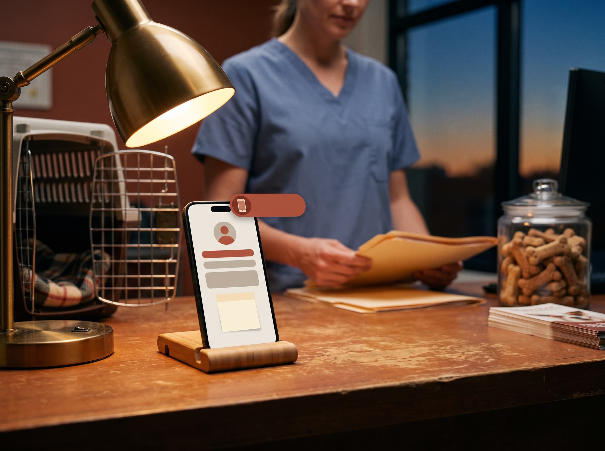 A veterinary front desk at dusk, phone on the counter showing a recognized contact as a call comes in
