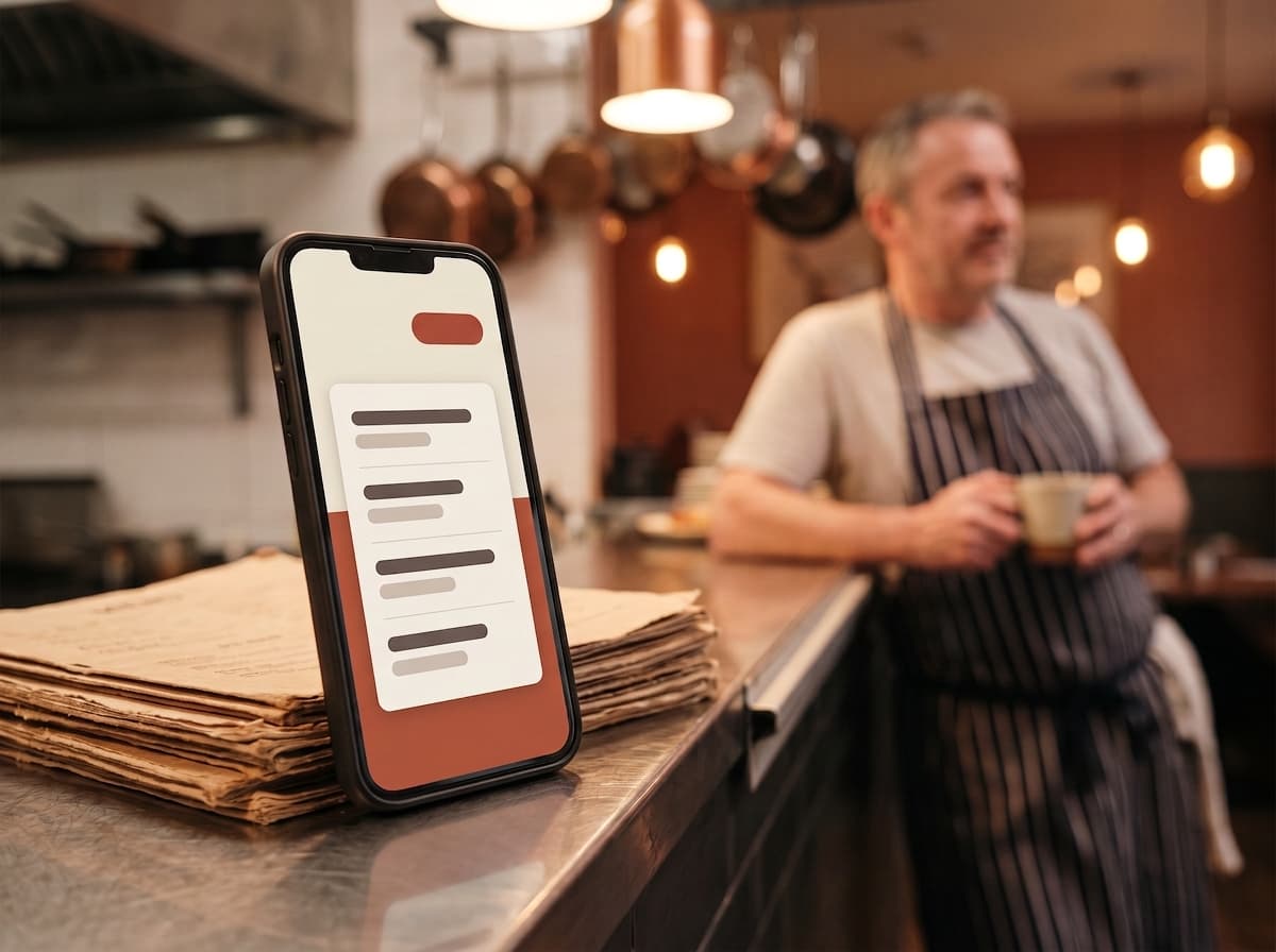 A restaurant owner on a break while a phone propped on the kitchen pass shows a translated call transcript