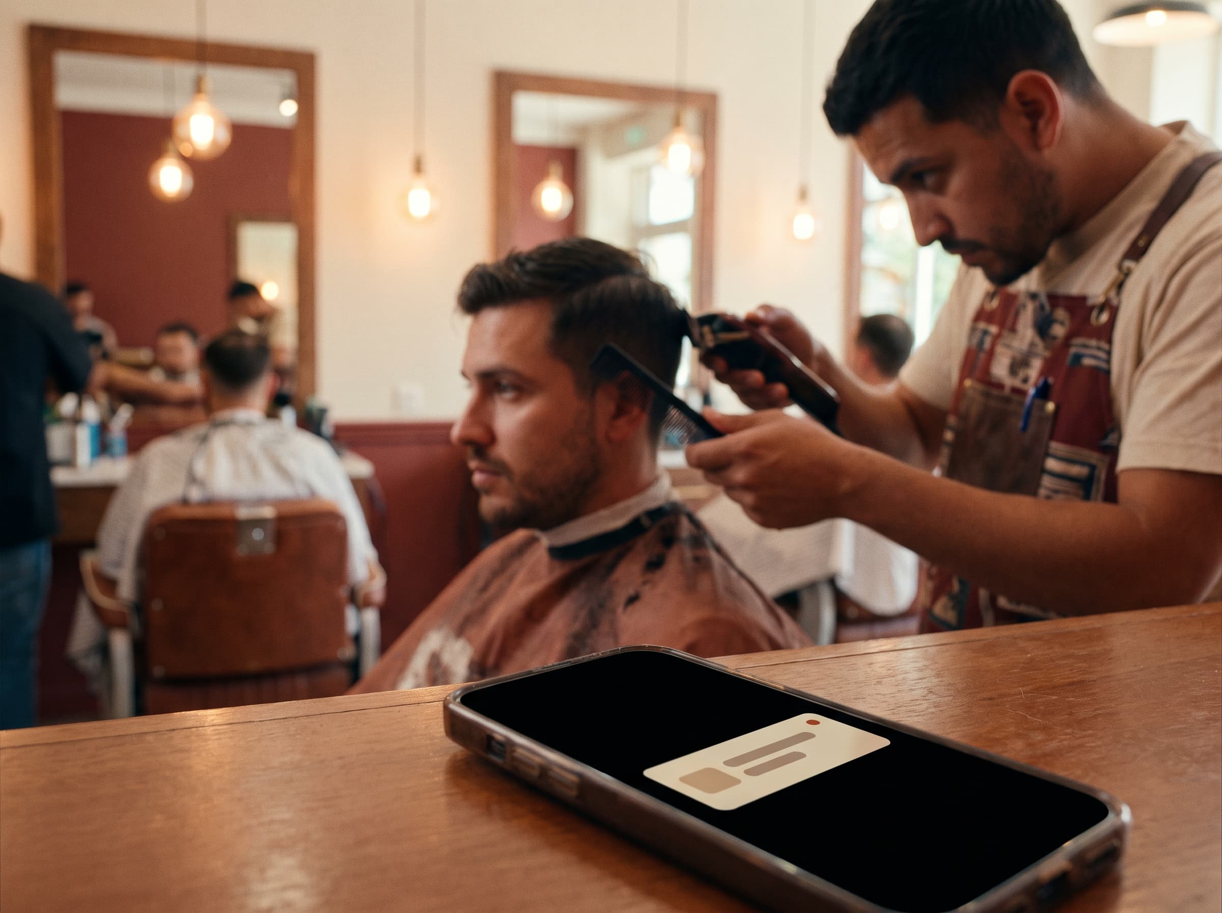 A barber keeps cutting while his phone sits silent on the counter, a filtered spam call tucked into one quiet notification