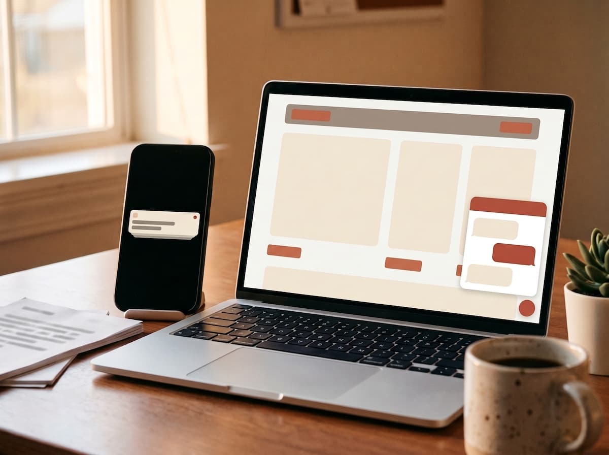 A laptop showing a website chat widget answering beside a phone lit up with a new-chat notification