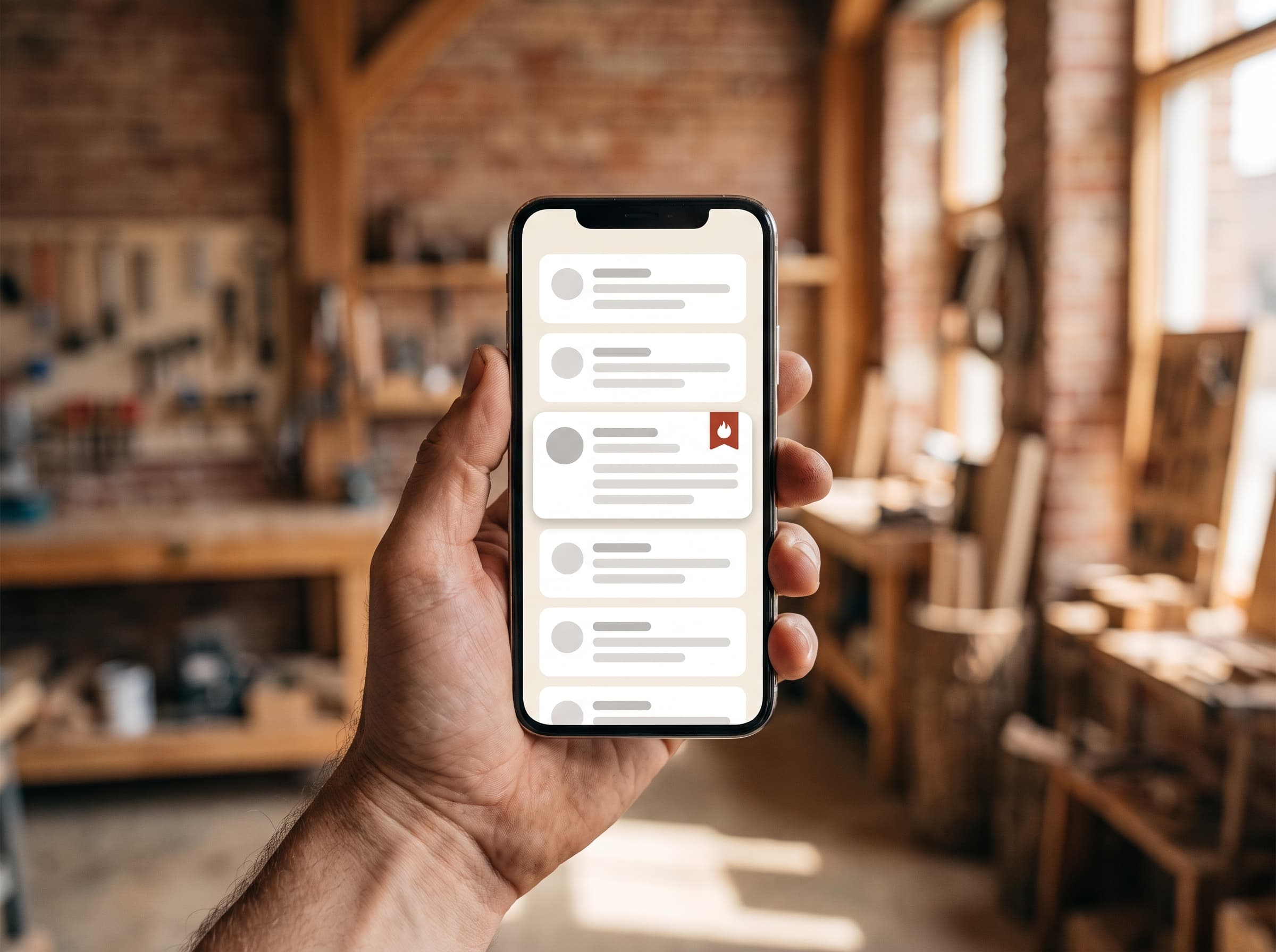Over the shoulder of a shop owner holding a phone with the RankLadder unified inbox open, one hot-lead thread highlighted