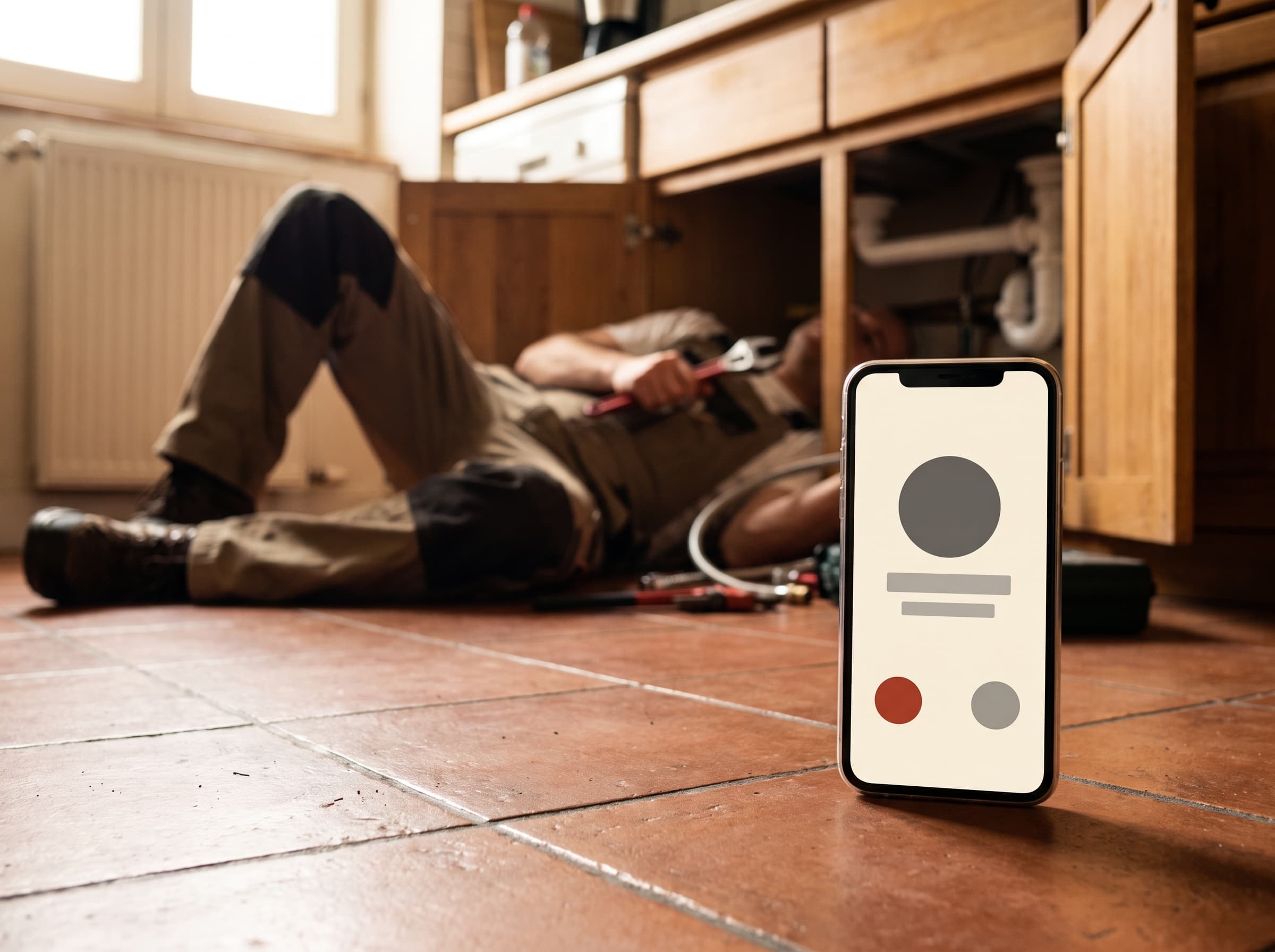 A plumber under a kitchen sink, hands full, while his phone lights up beside him with a call notification