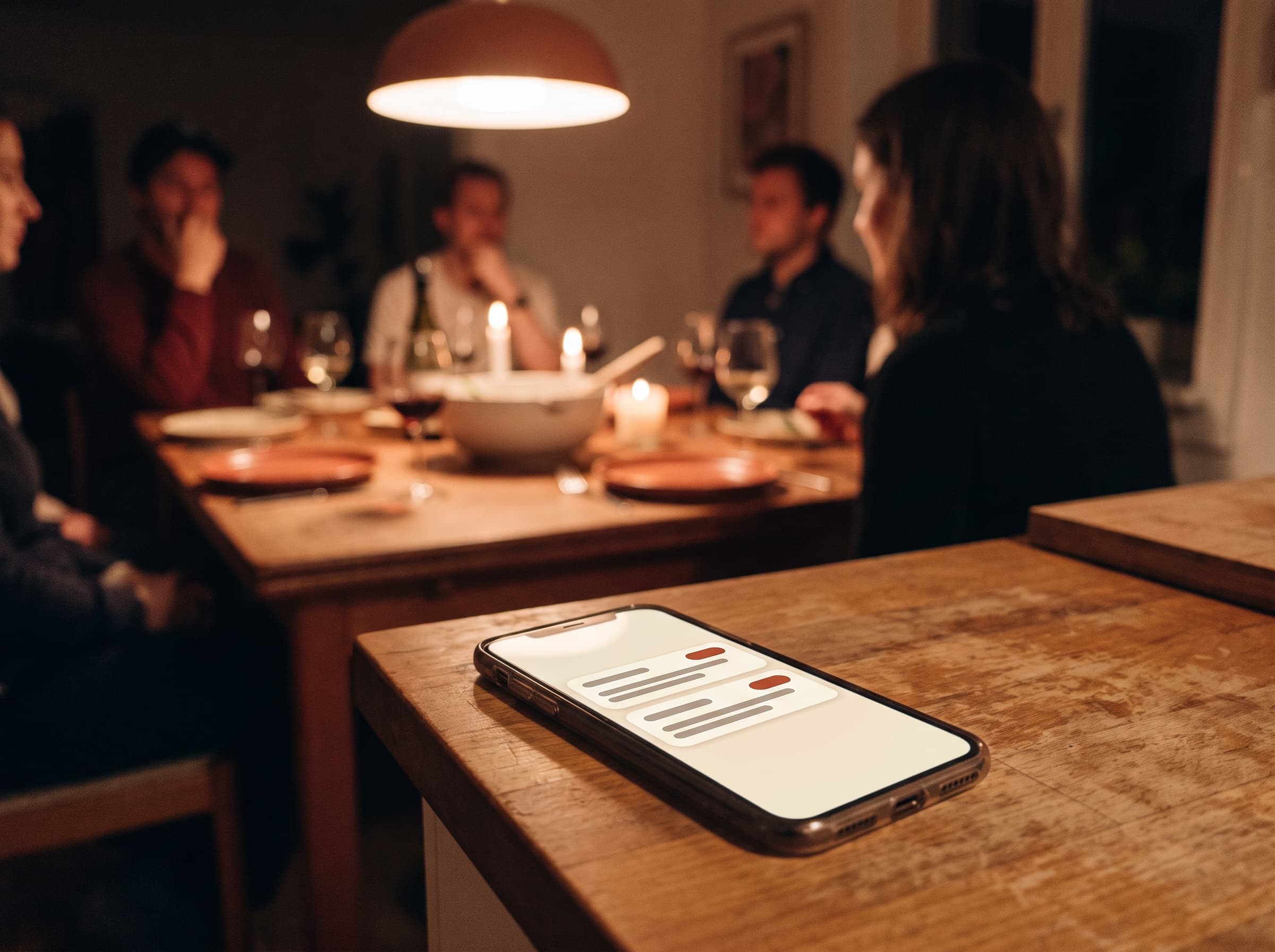 A phone lighting up with answered-call notifications on the kitchen counter during a family dinner