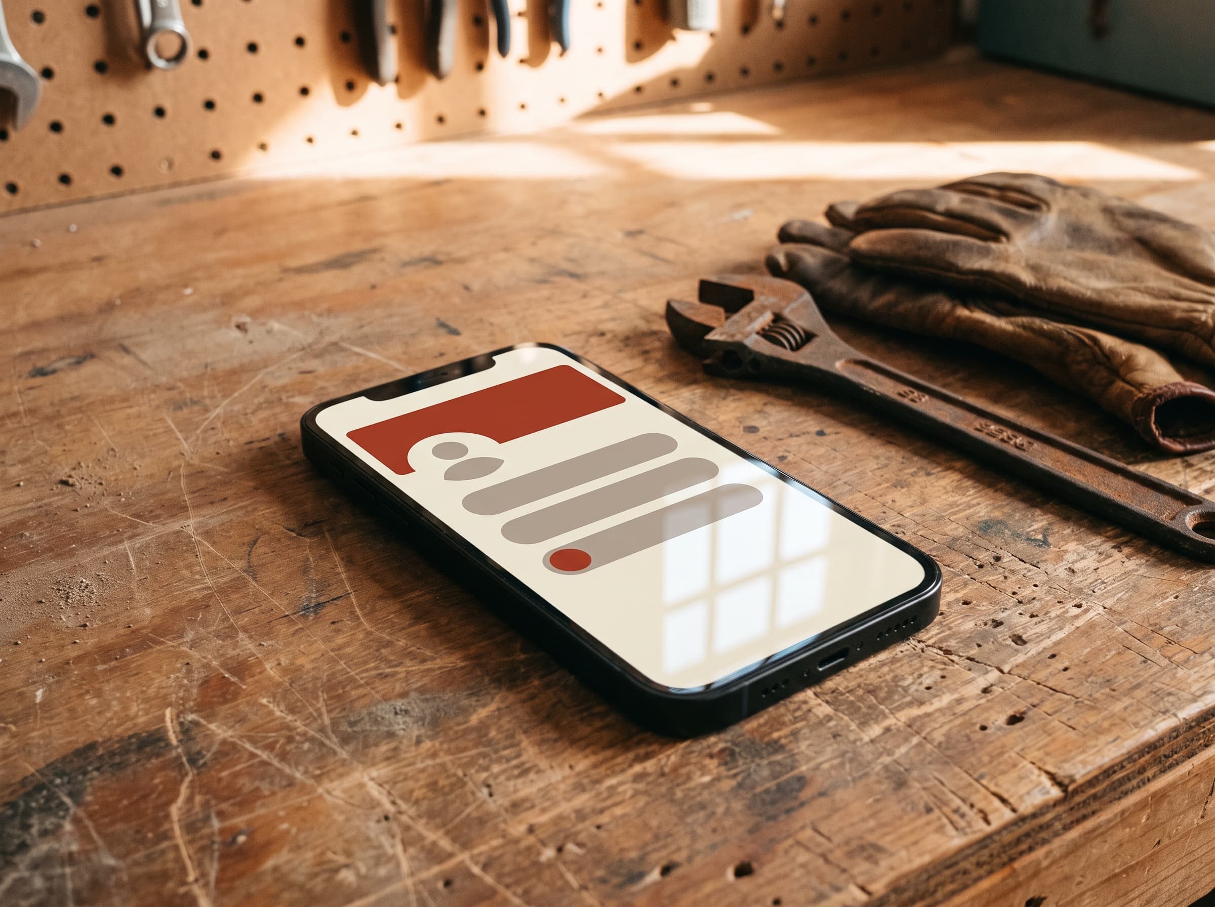 A phone on a workbench beside a wrench and gloves, showing an incoming call becoming a completed call card