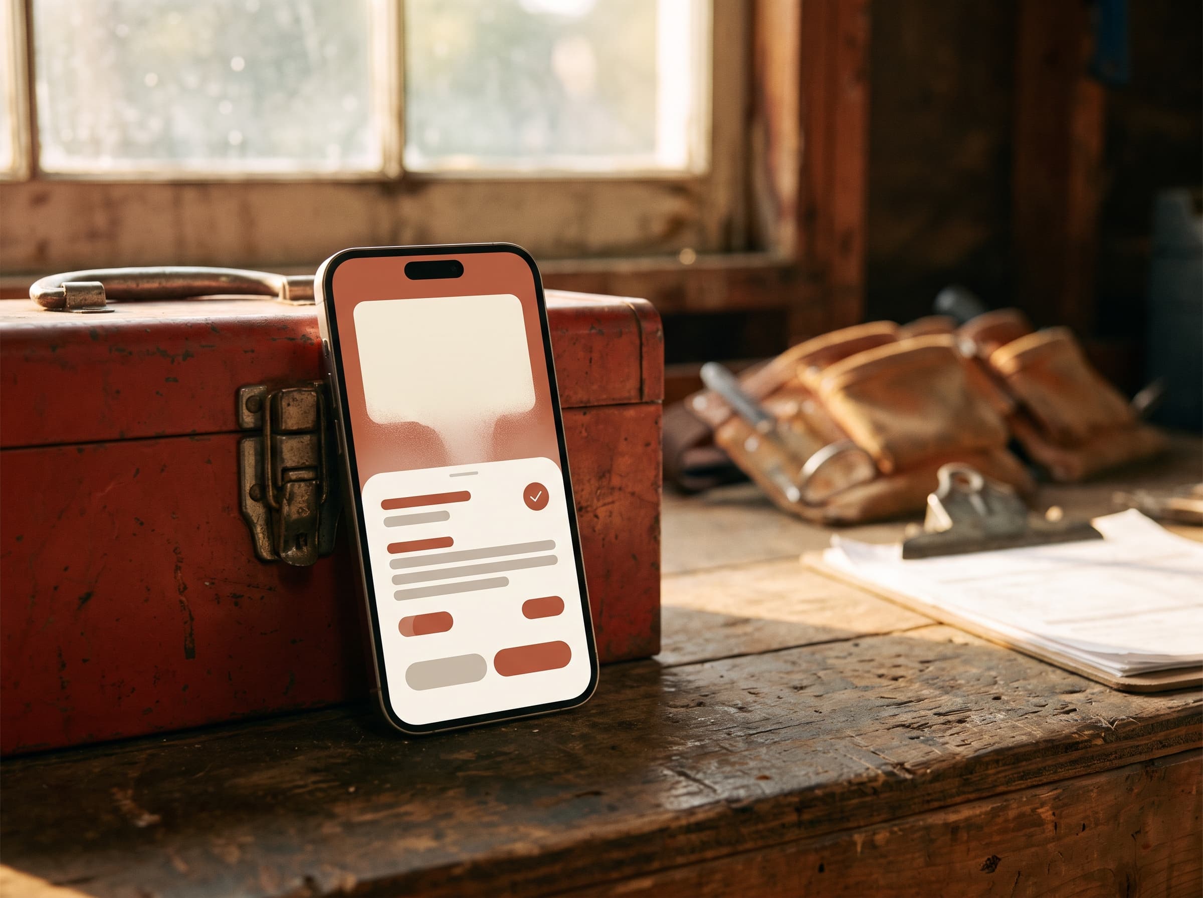 A phone propped on a workshop bench showing a call turning into a confirmed calendar appointment