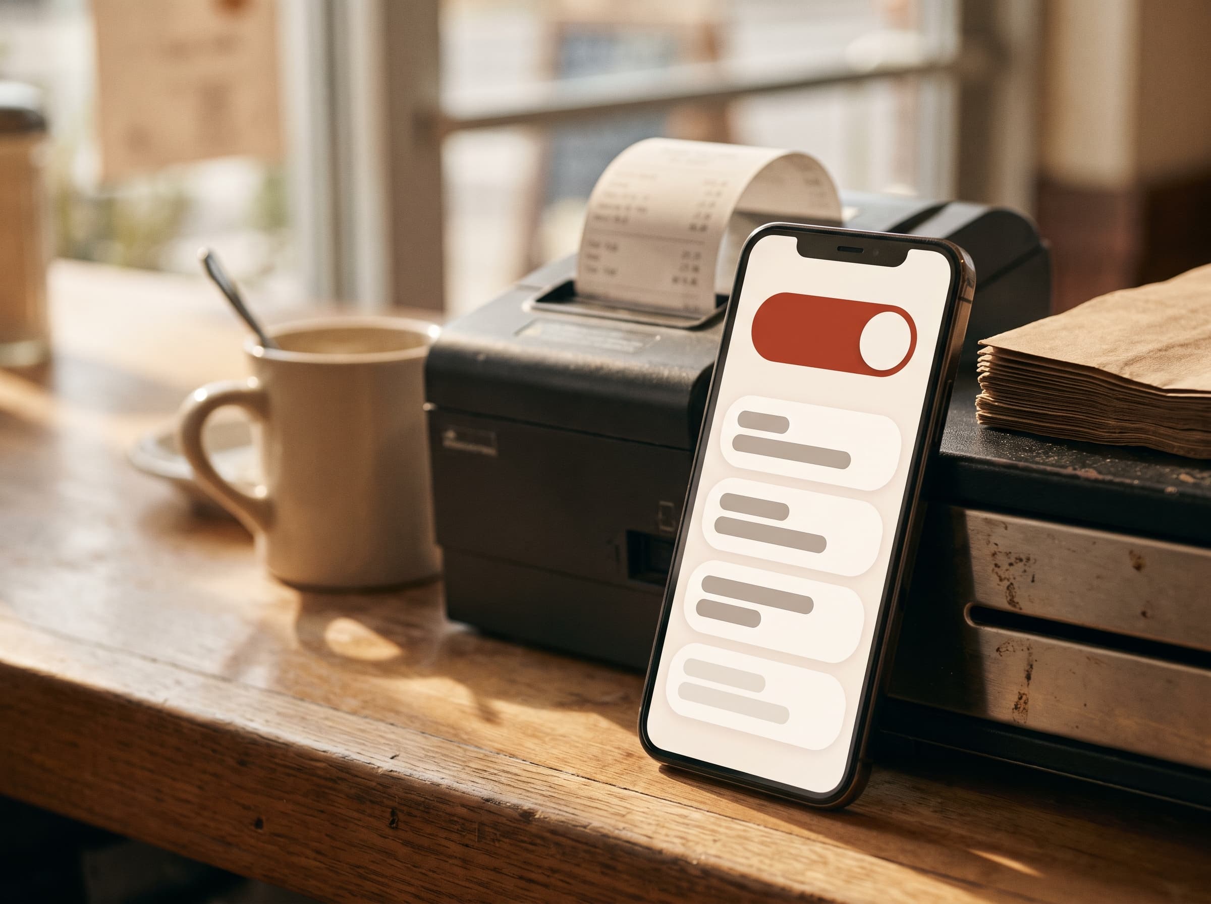A phone at a front counter showing the AI on/off toggle above a list of answered calls and texts