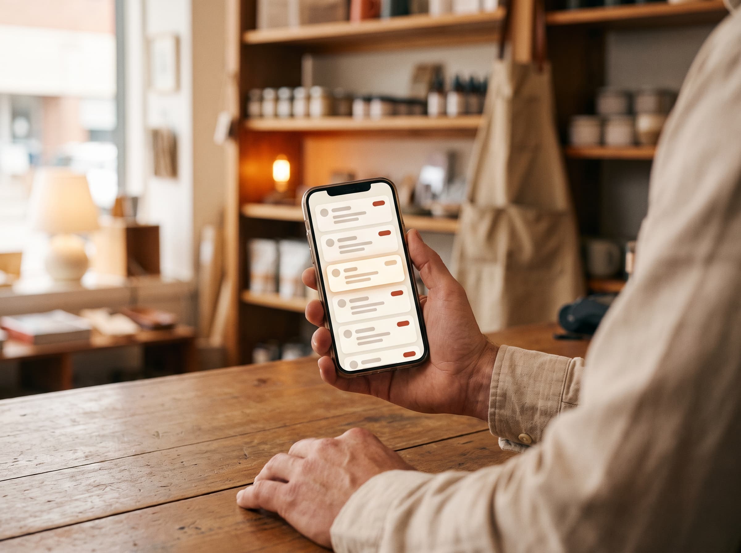 A shop owner checks the RankLadder unified inbox on his phone at the front counter
