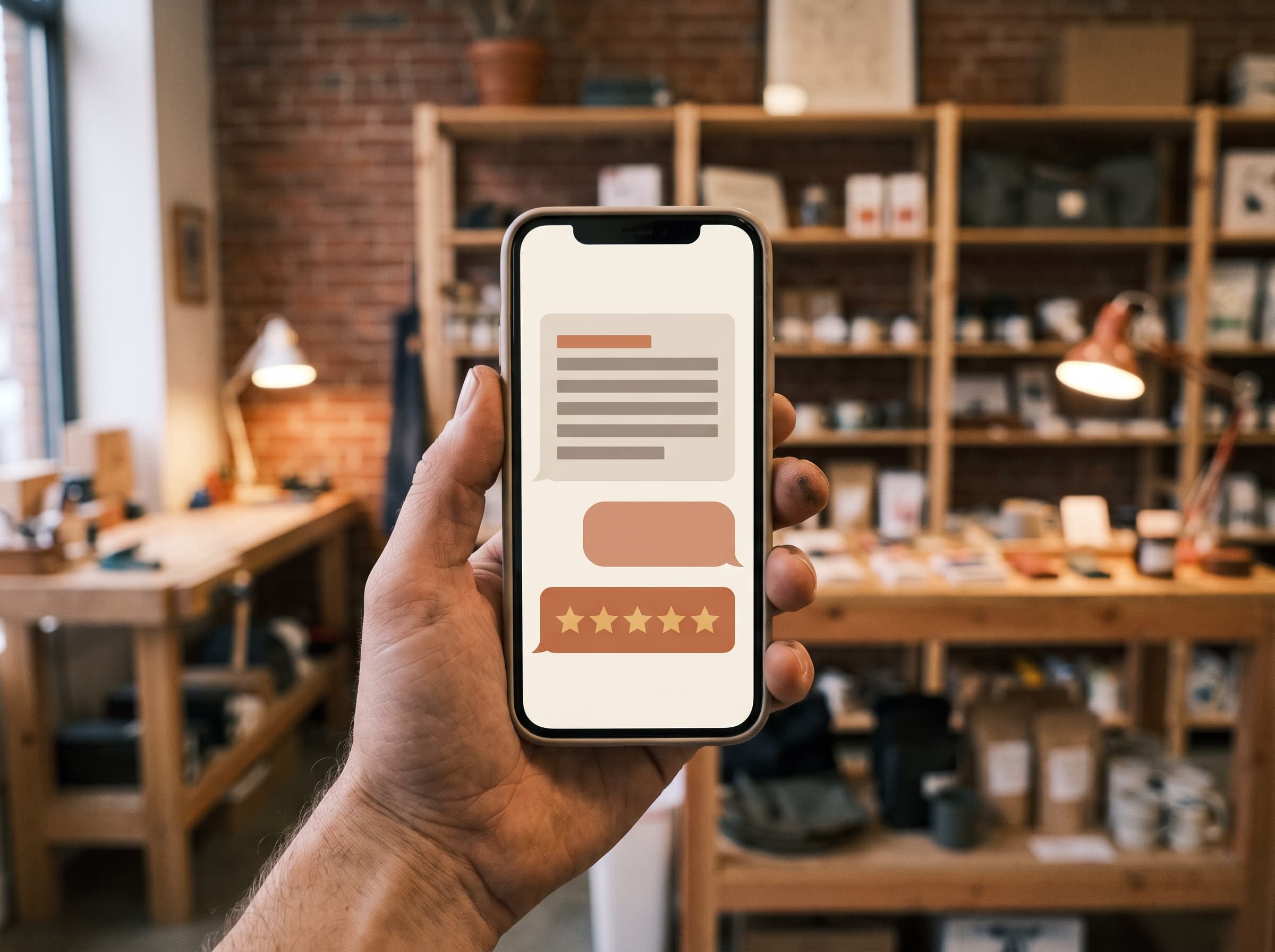 A shop owner's phone showing a call transcript, a texted review link, and a new five-star review in one thread