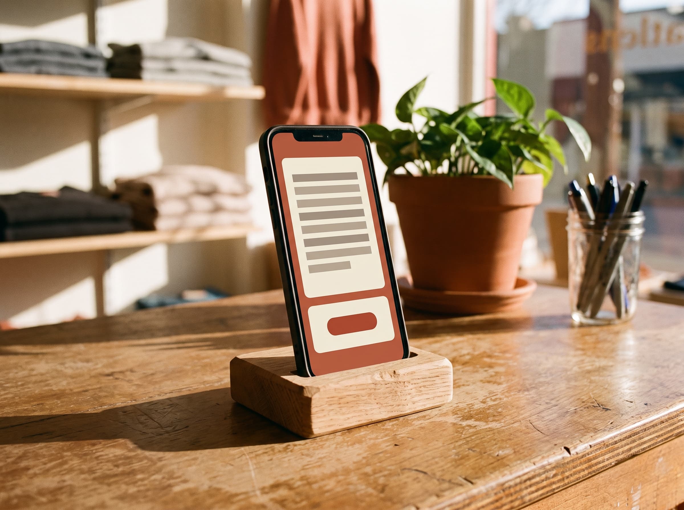 A phone docked on a shop counter showing a call transcript with its English summary beneath