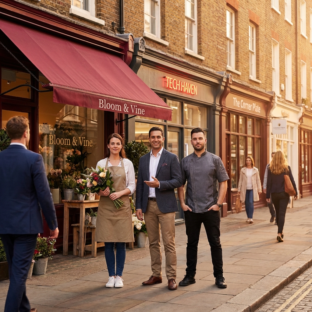 Local business owners in front of storefronts